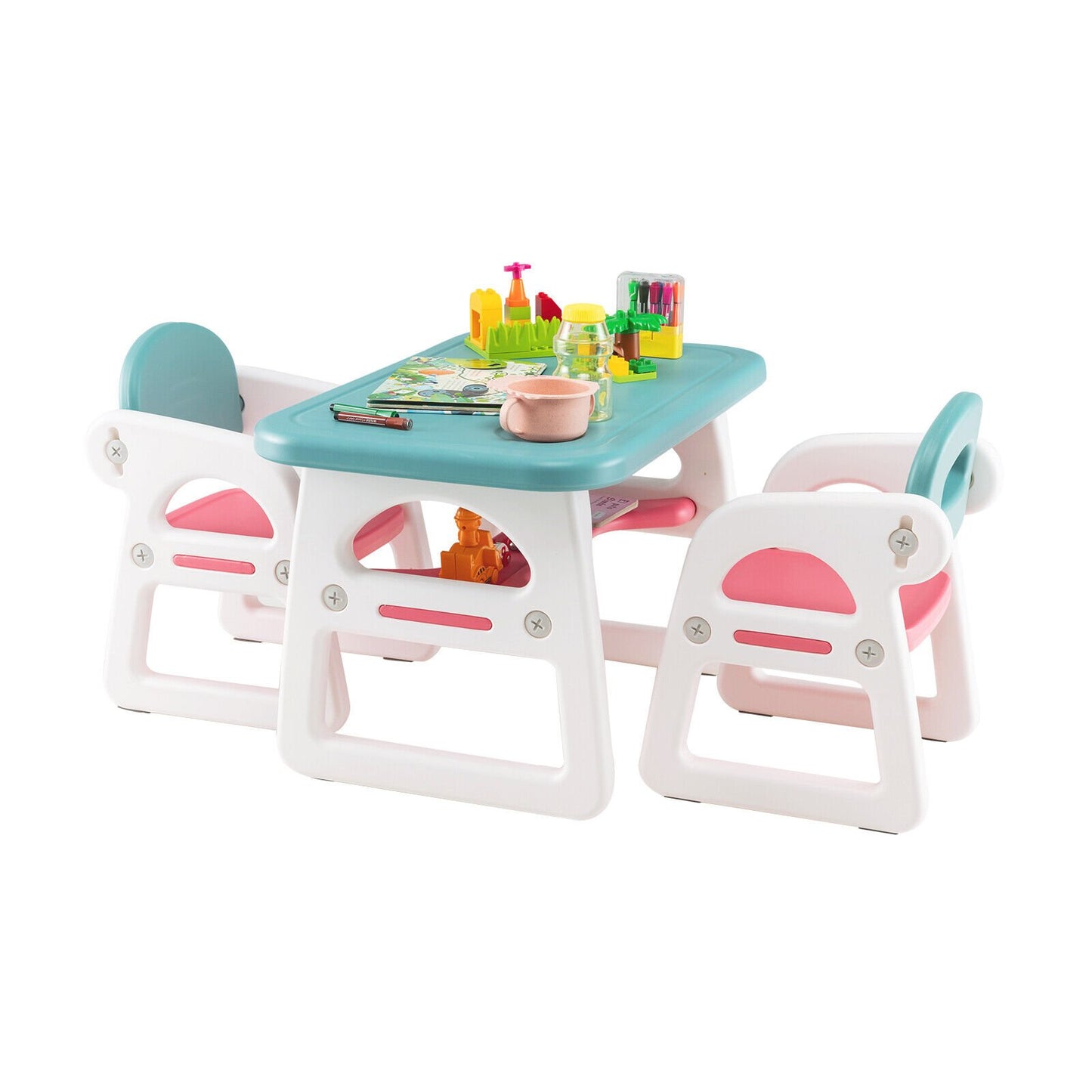 Kids Table and Chair Set with Building Blocks, Pink & Blue - Gallery Canada