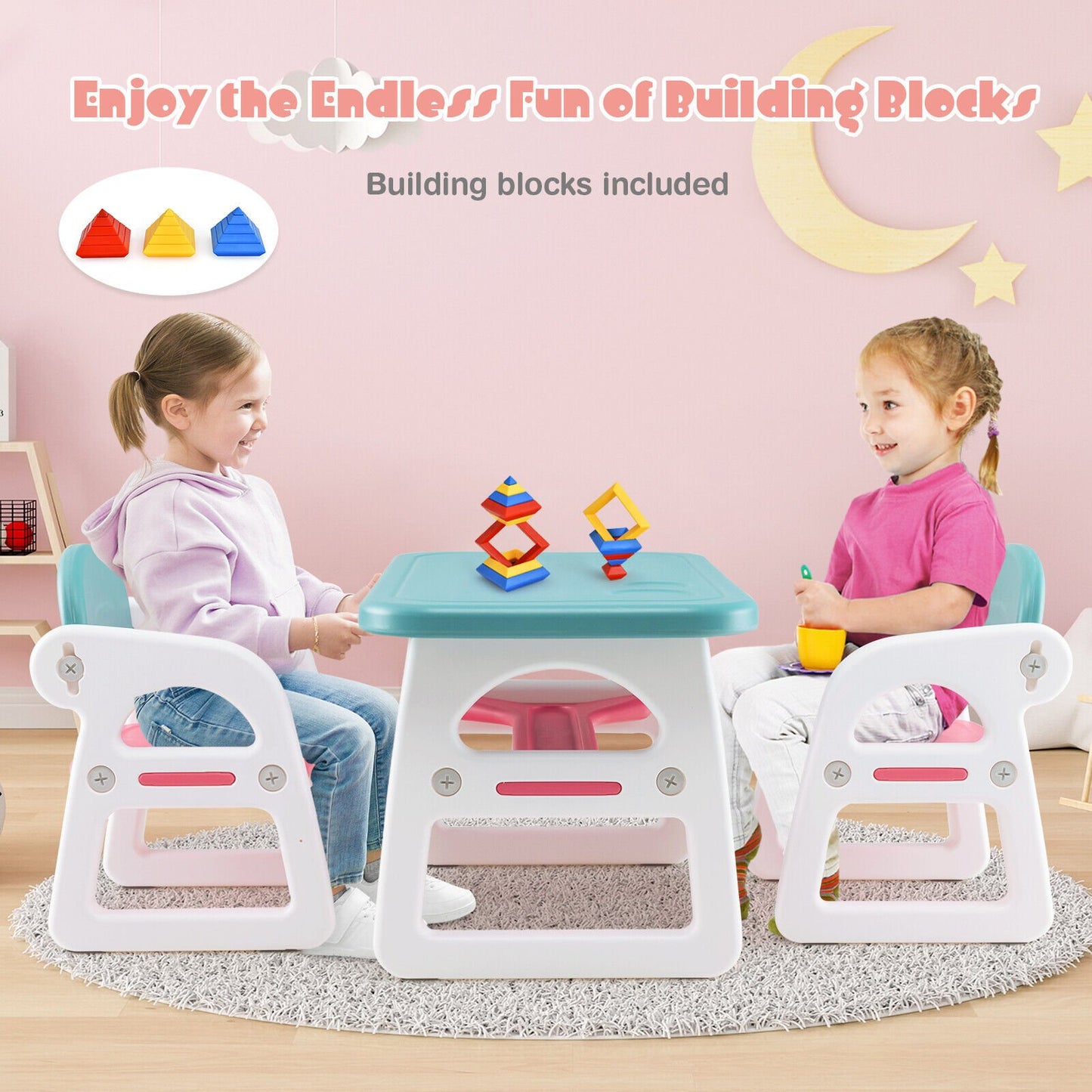 Kids Table and Chair Set with Building Blocks, Pink & Blue - Gallery Canada