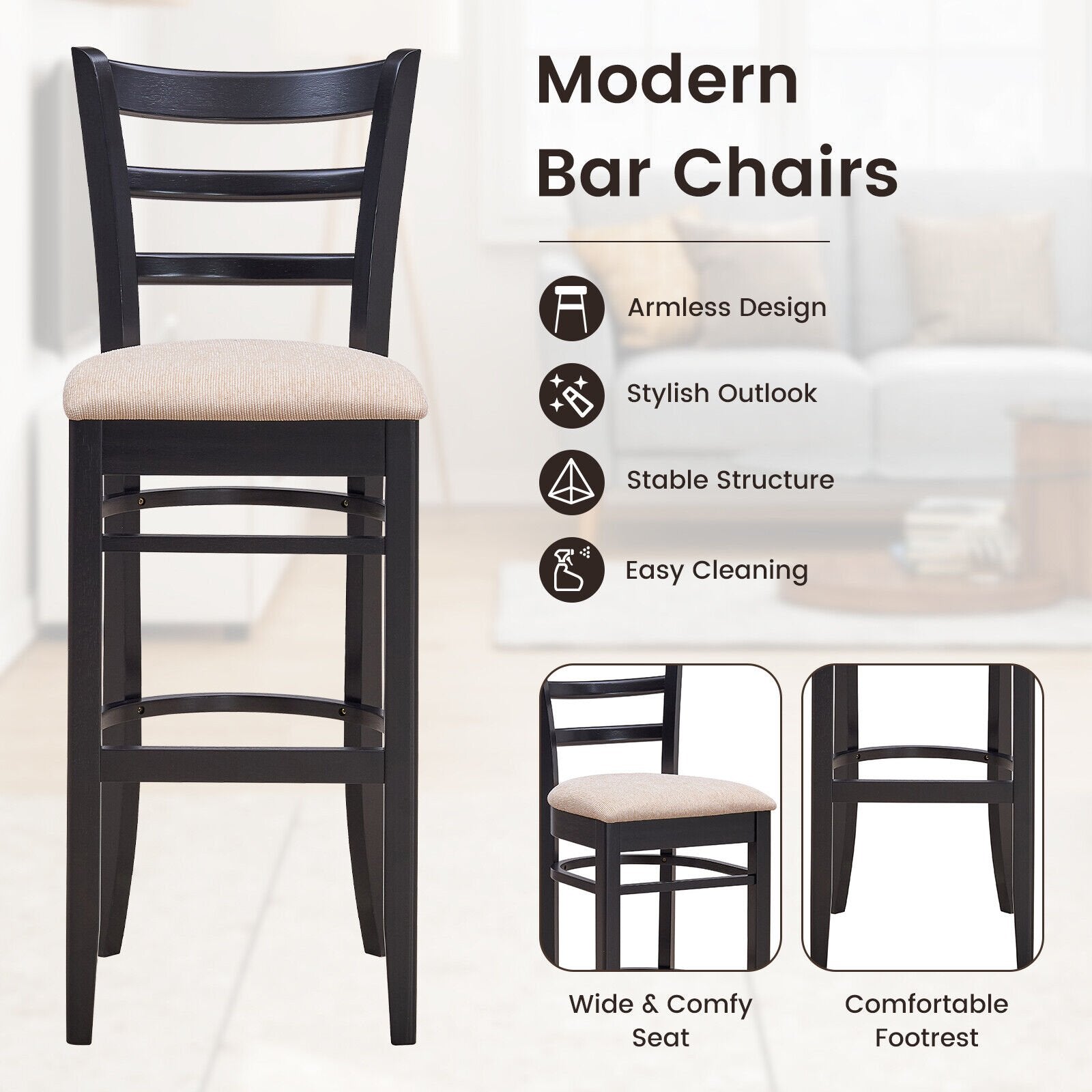 Bar Chairs with Ergonomic Backrest and Comfy Footrest and Soft Padded Seat, Brown Bar Stools   at Gallery Canada