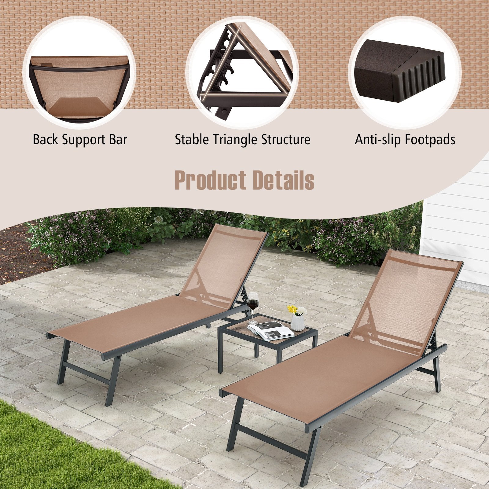 3 Pieces Patio Chaise Lounge Chair and Table Set for Poolside Yard, Brown Outdoor Chaise Lounges   at Gallery Canada