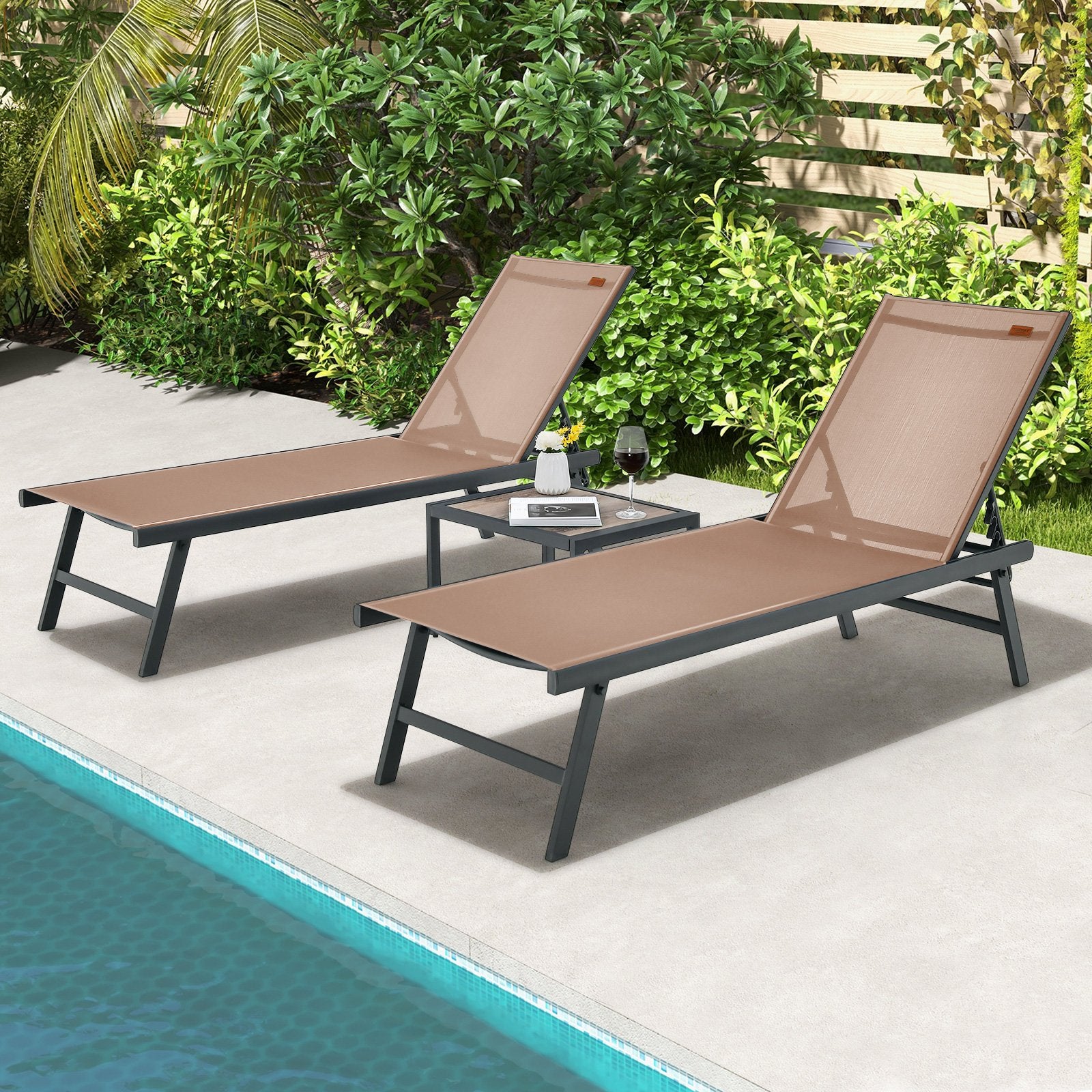 3 Pieces Patio Chaise Lounge Chair and Table Set for Poolside Yard, Brown Outdoor Chaise Lounges   at Gallery Canada