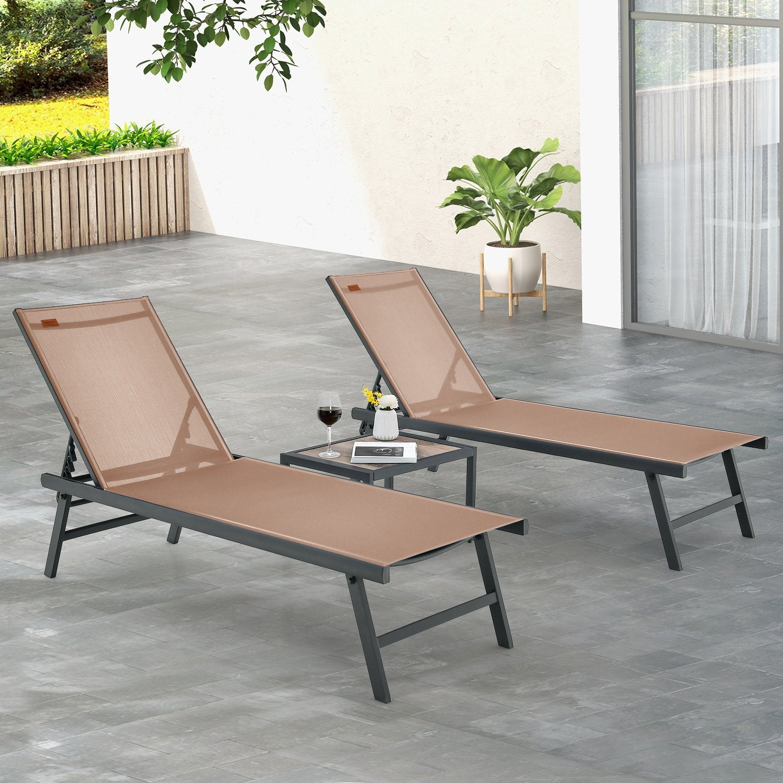 3 Pieces Patio Chaise Lounge Chair and Table Set for Poolside Yard, Brown Outdoor Chaise Lounges   at Gallery Canada