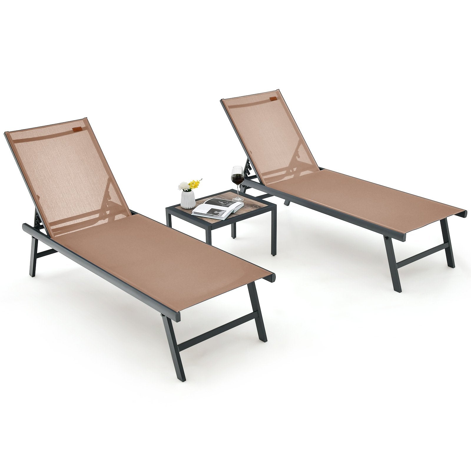 3 Pieces Patio Chaise Lounge Chair and Table Set for Poolside Yard, Brown Outdoor Chaise Lounges   at Gallery Canada