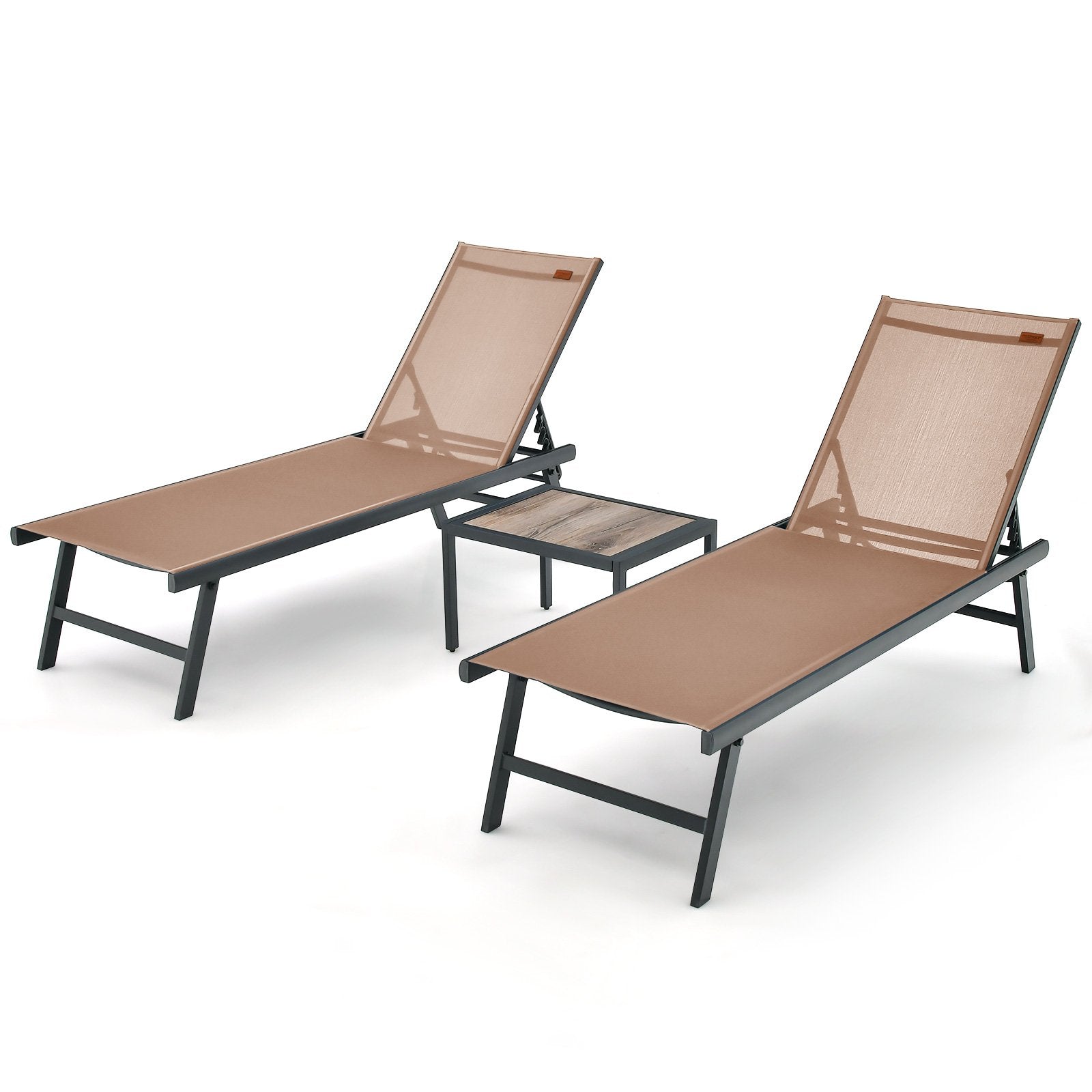 3 Pieces Patio Chaise Lounge Chair and Table Set for Poolside Yard, Brown Outdoor Chaise Lounges   at Gallery Canada