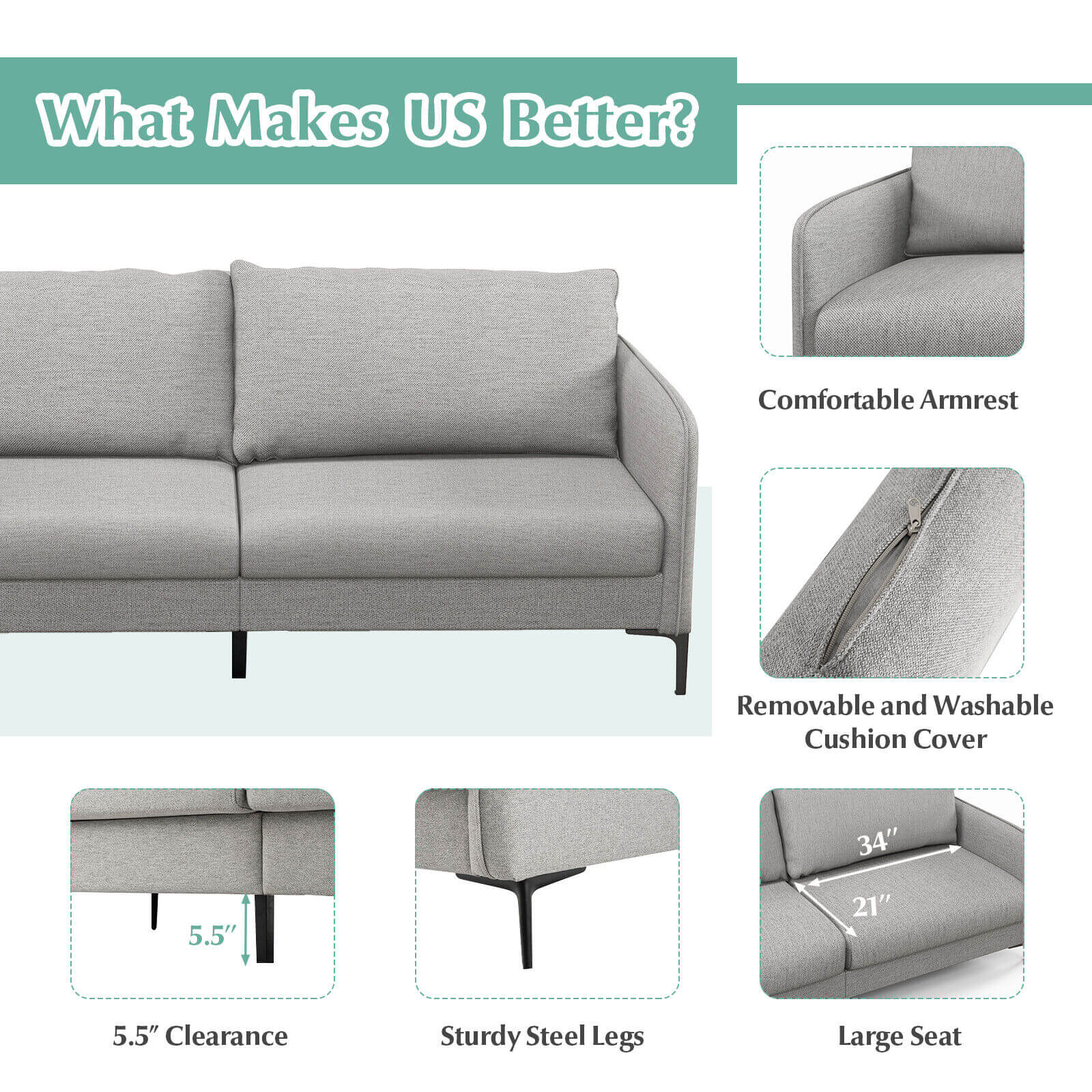 Modern 76 Inch Loveseat Sofa Couch for Apartment Dorm with Metal Legs, Gray Sofas & Loveseats   at Gallery Canada