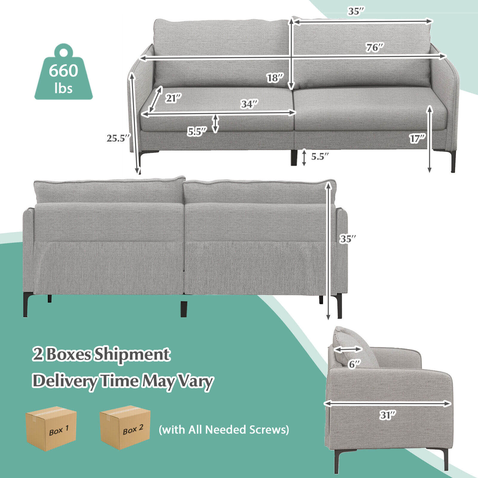 Modern 76 Inch Loveseat Sofa Couch for Apartment Dorm with Metal Legs, Gray Sofas & Loveseats   at Gallery Canada