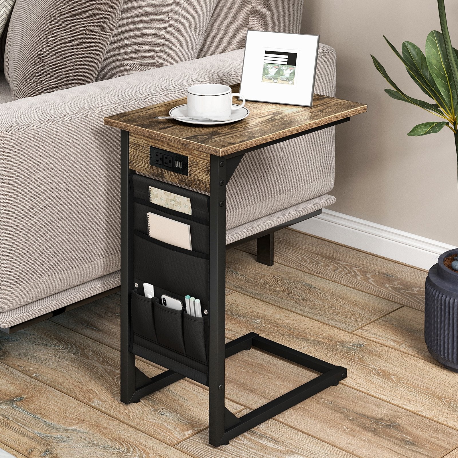 Set of 2 C Shaped End Table with Charging Station, Rustic Brown End & Side Tables   at Gallery Canada