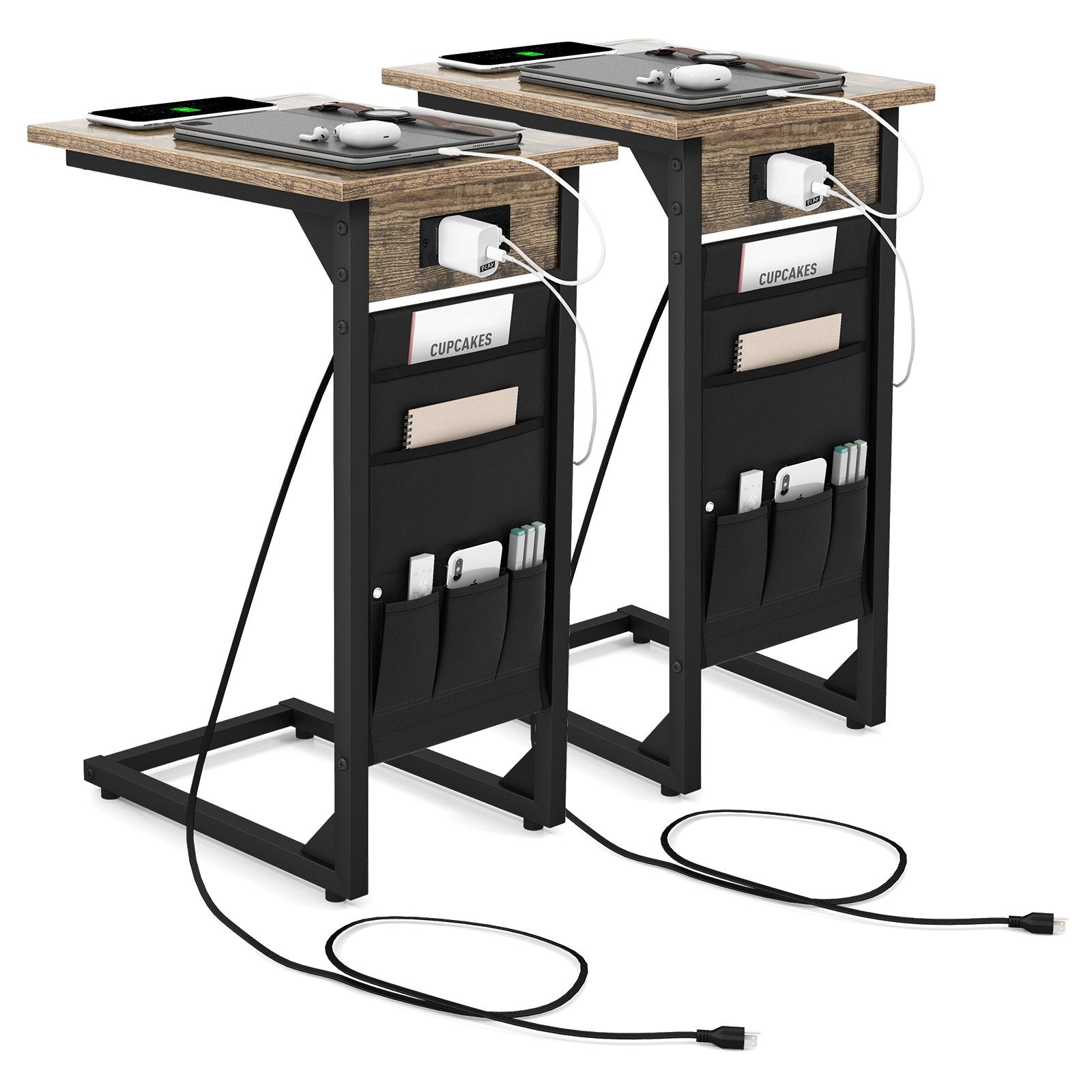 Set of 2 C Shaped End Table with Charging Station, Rustic Brown End & Side Tables   at Gallery Canada