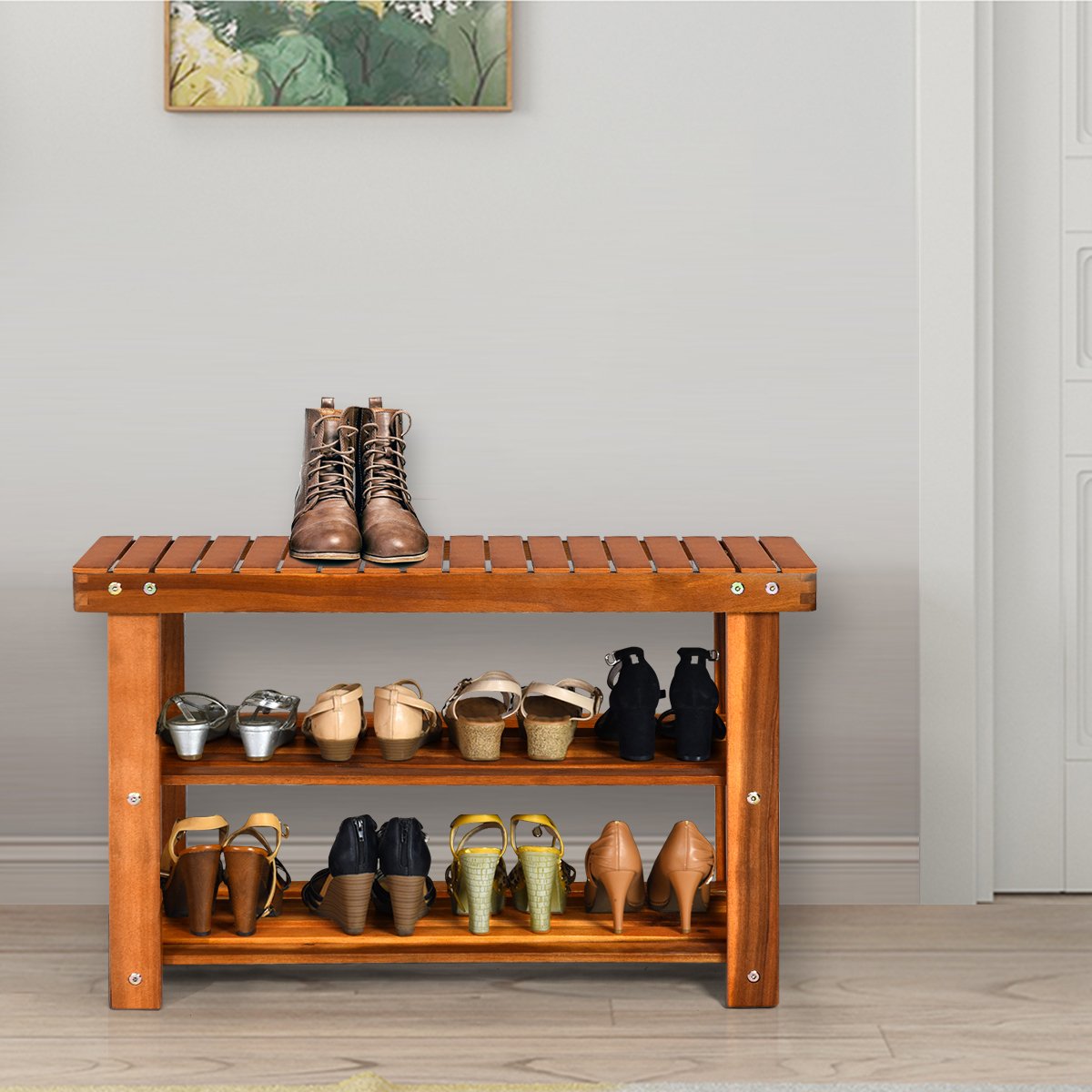 Freestanding Wood Bench with 3-Tier Storage Shelves, Natural Shoe Racks & Storage Benches   at Gallery Canada