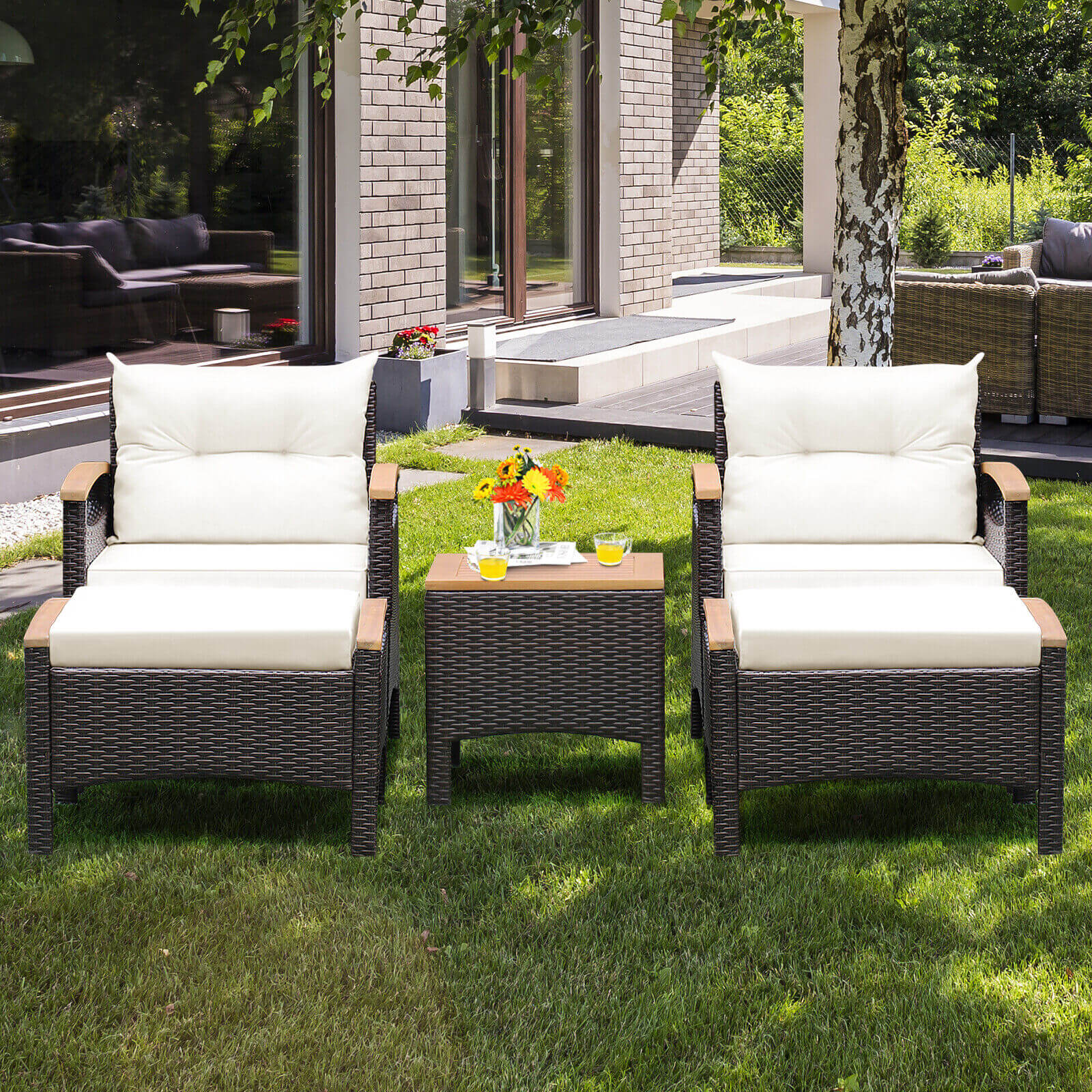 5 Pieces Patio Conversation Set with Cushions Coffee Table and 2 Ottomans, White Patio Conversation Sets   at Gallery Canada