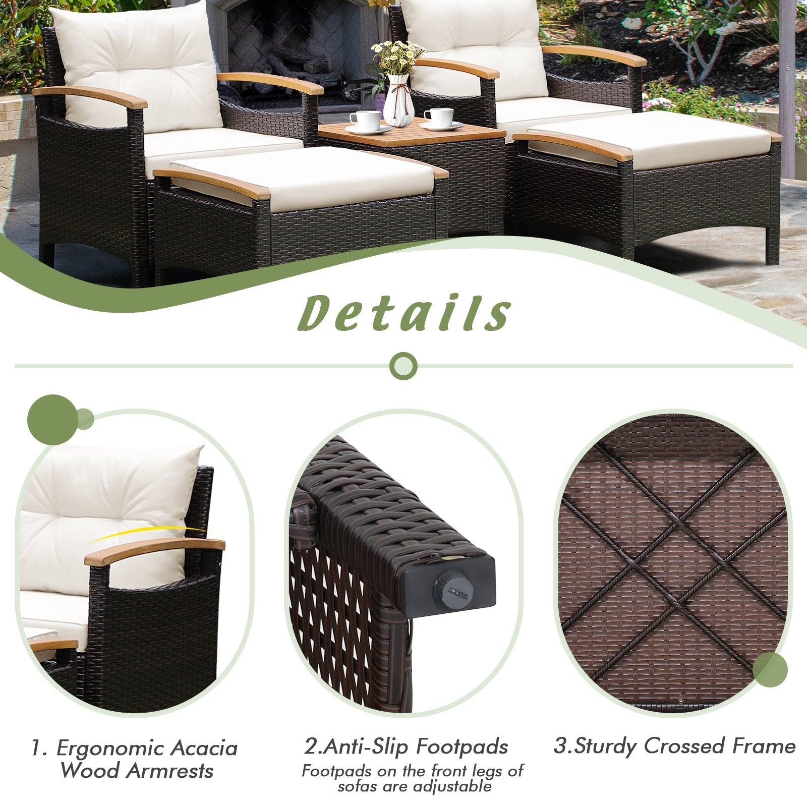 5 Pieces Patio Conversation Set with Cushions Coffee Table and 2 Ottomans, White Patio Conversation Sets   at Gallery Canada