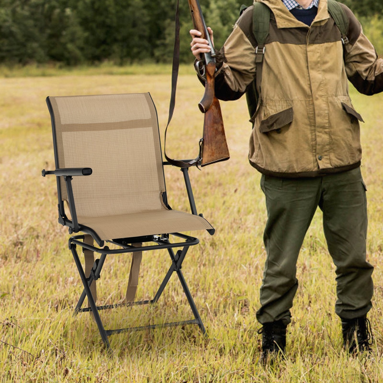 Foldable Swivel Patio Chair with Armrest and Mesh Back, Coffee Camping Furniture   at Gallery Canada