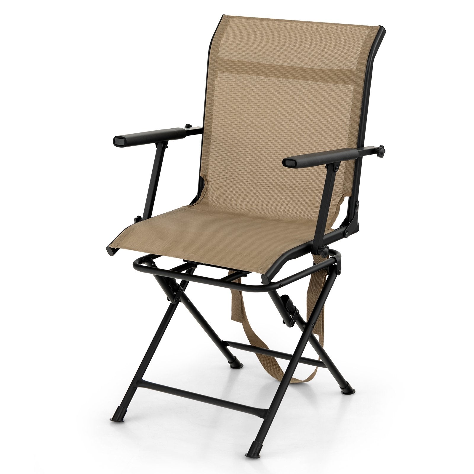 Foldable Swivel Patio Chair with Armrest and Mesh Back, Coffee Camping Furniture   at Gallery Canada