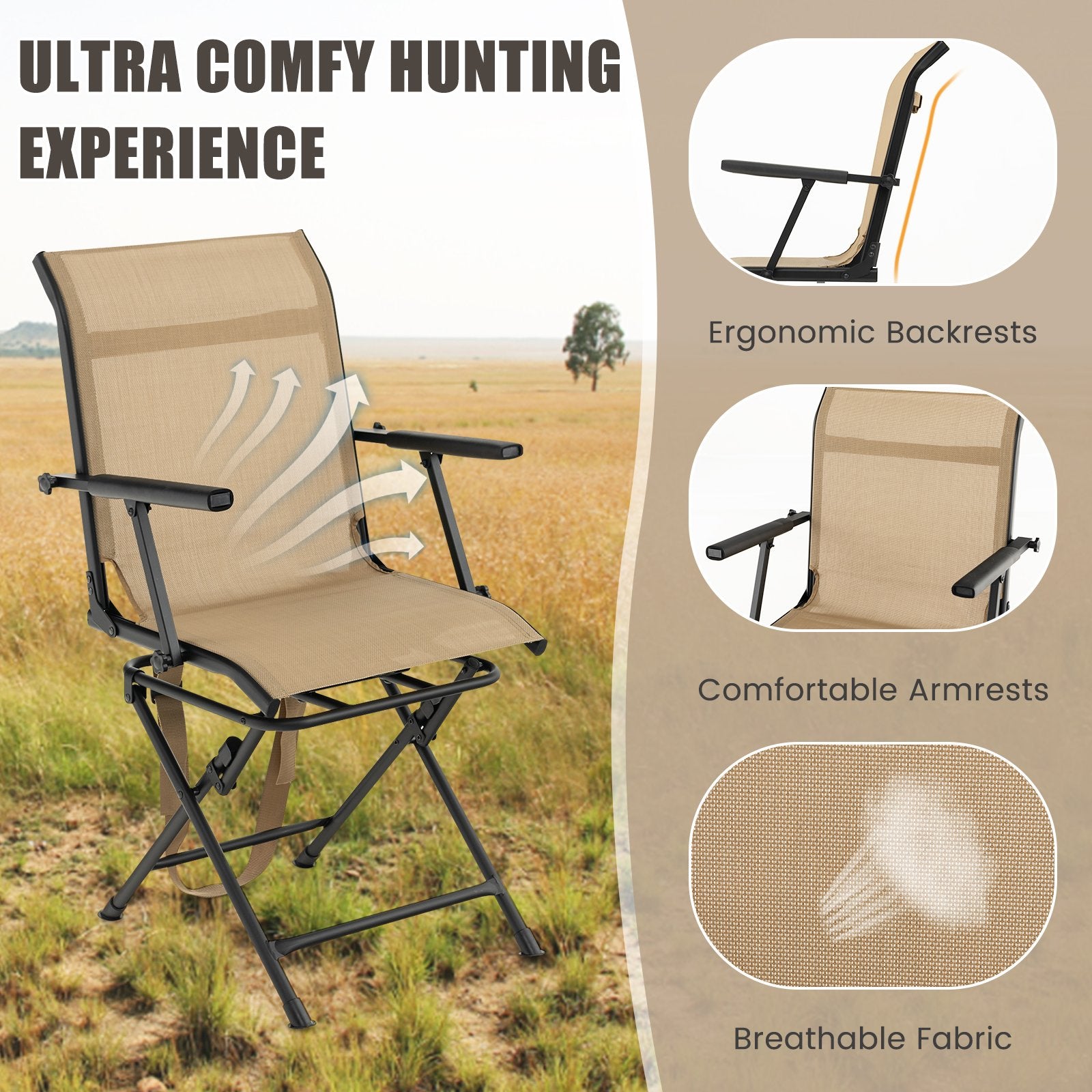 Foldable Swivel Patio Chair with Armrest and Mesh Back, Coffee Camping Furniture   at Gallery Canada