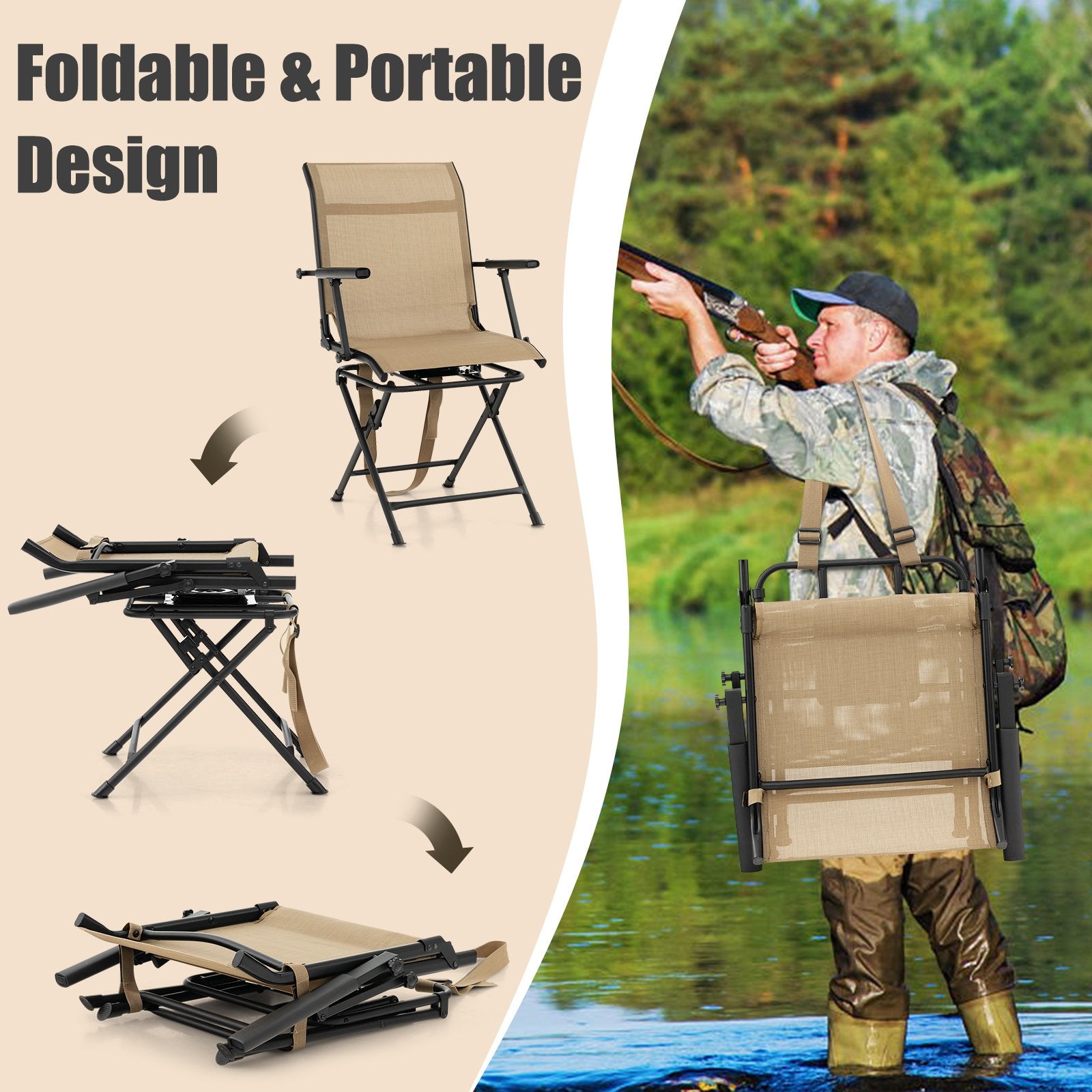 Foldable Swivel Patio Chair with Armrest and Mesh Back, Coffee Camping Furniture   at Gallery Canada