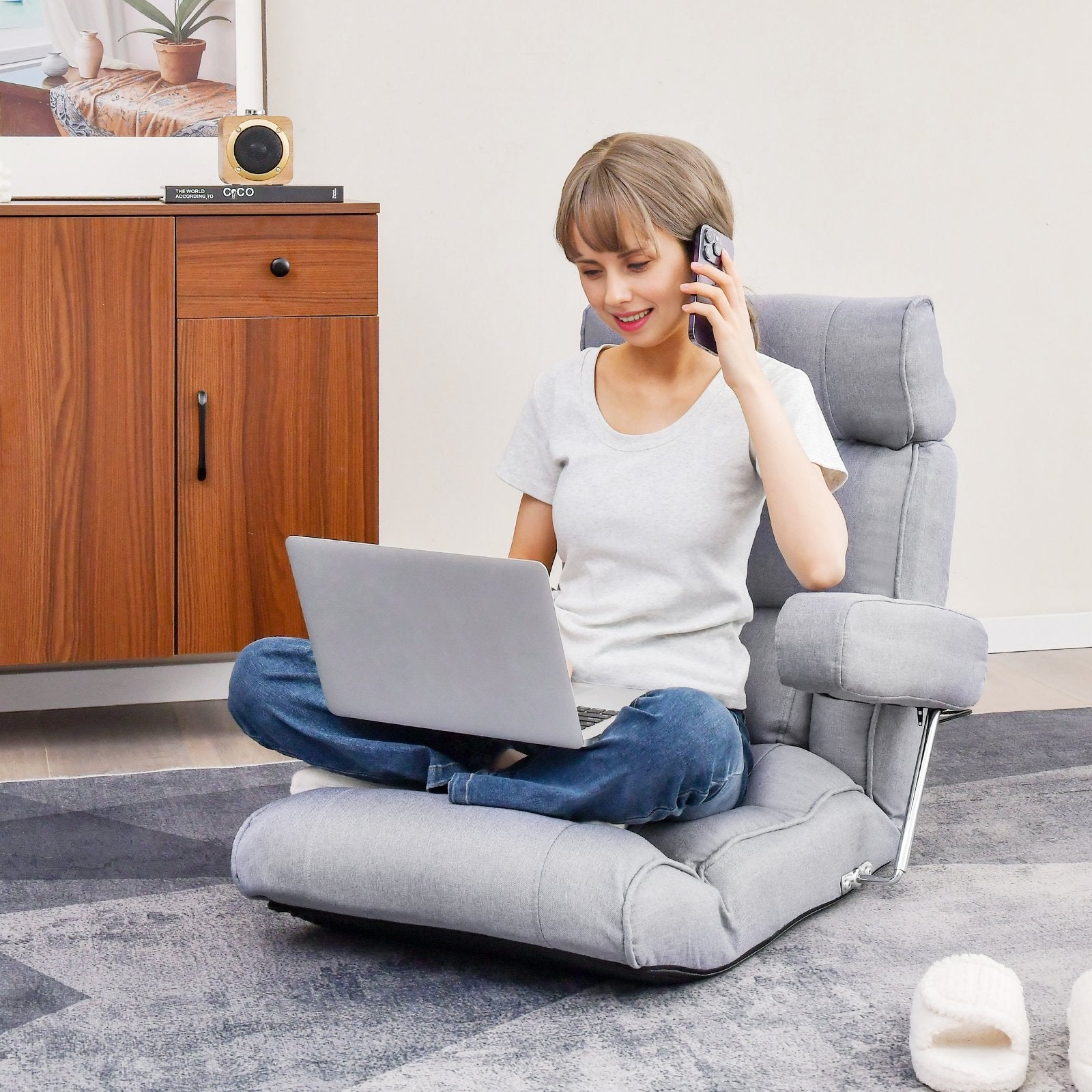 Adjustable Folding Sofa Chair with 6 Position Stepless Back, Gray Floor Chairs   at Gallery Canada