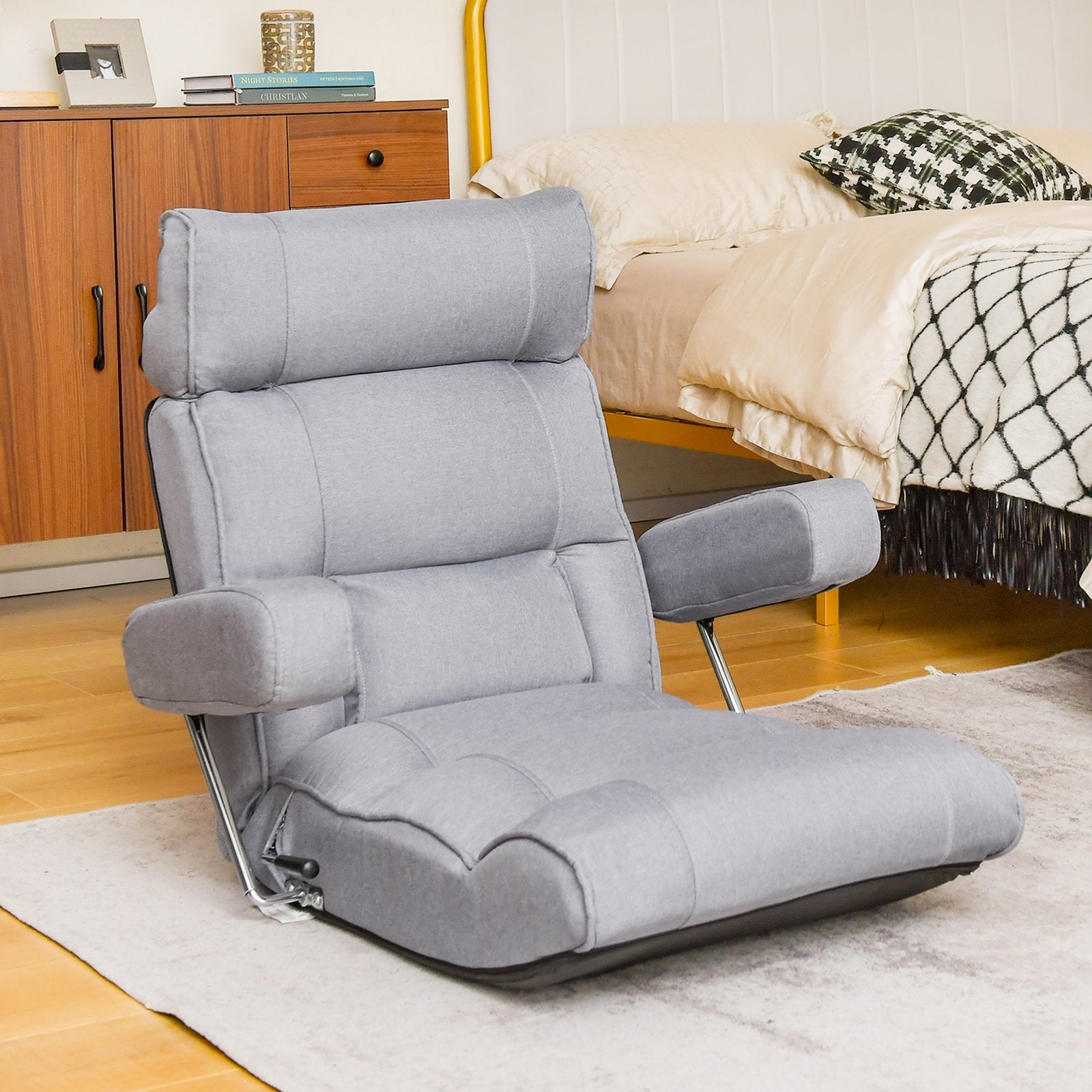 Adjustable Folding Sofa Chair with 6 Position Stepless Back, Gray Floor Chairs   at Gallery Canada