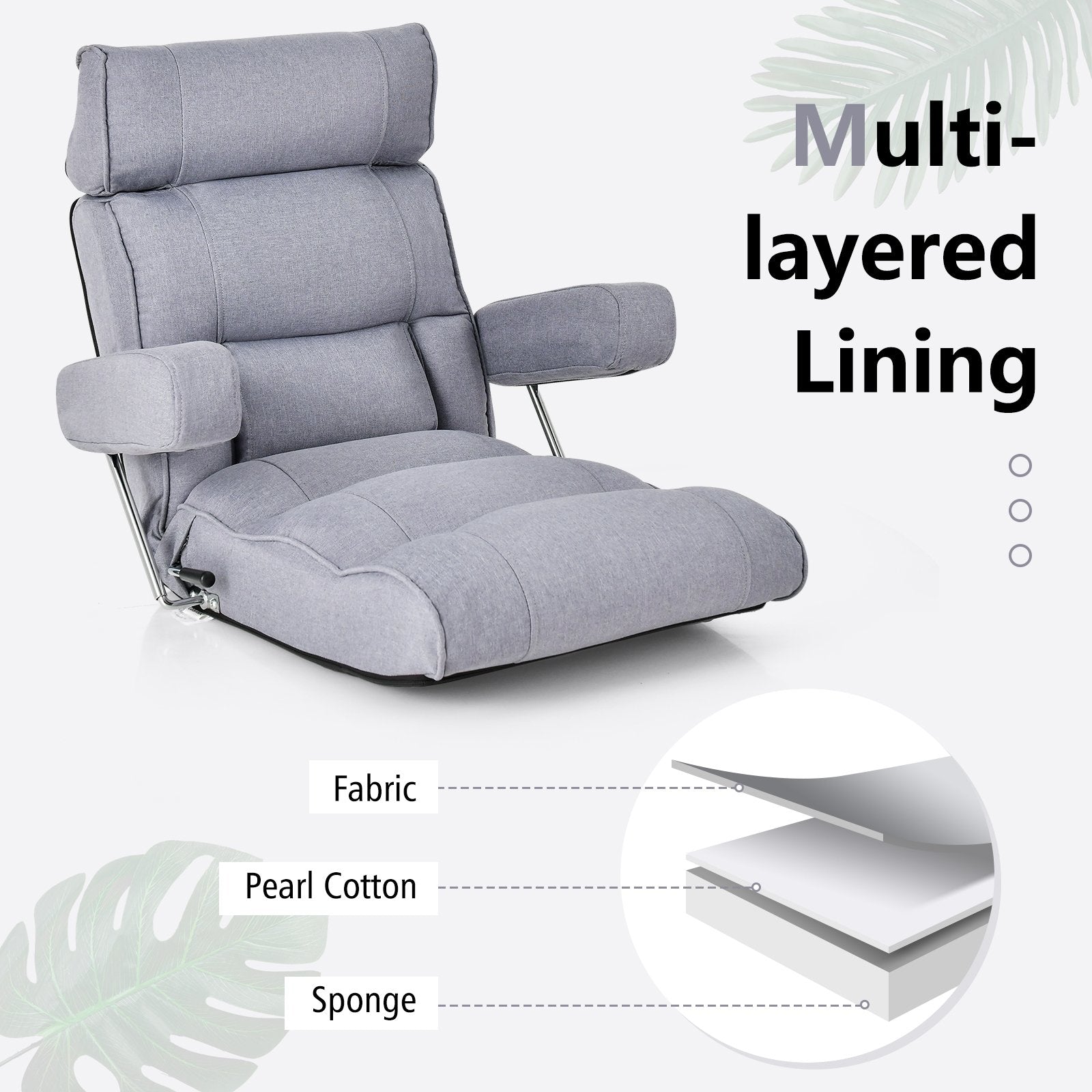 Adjustable Folding Sofa Chair with 6 Position Stepless Back, Gray Floor Chairs   at Gallery Canada