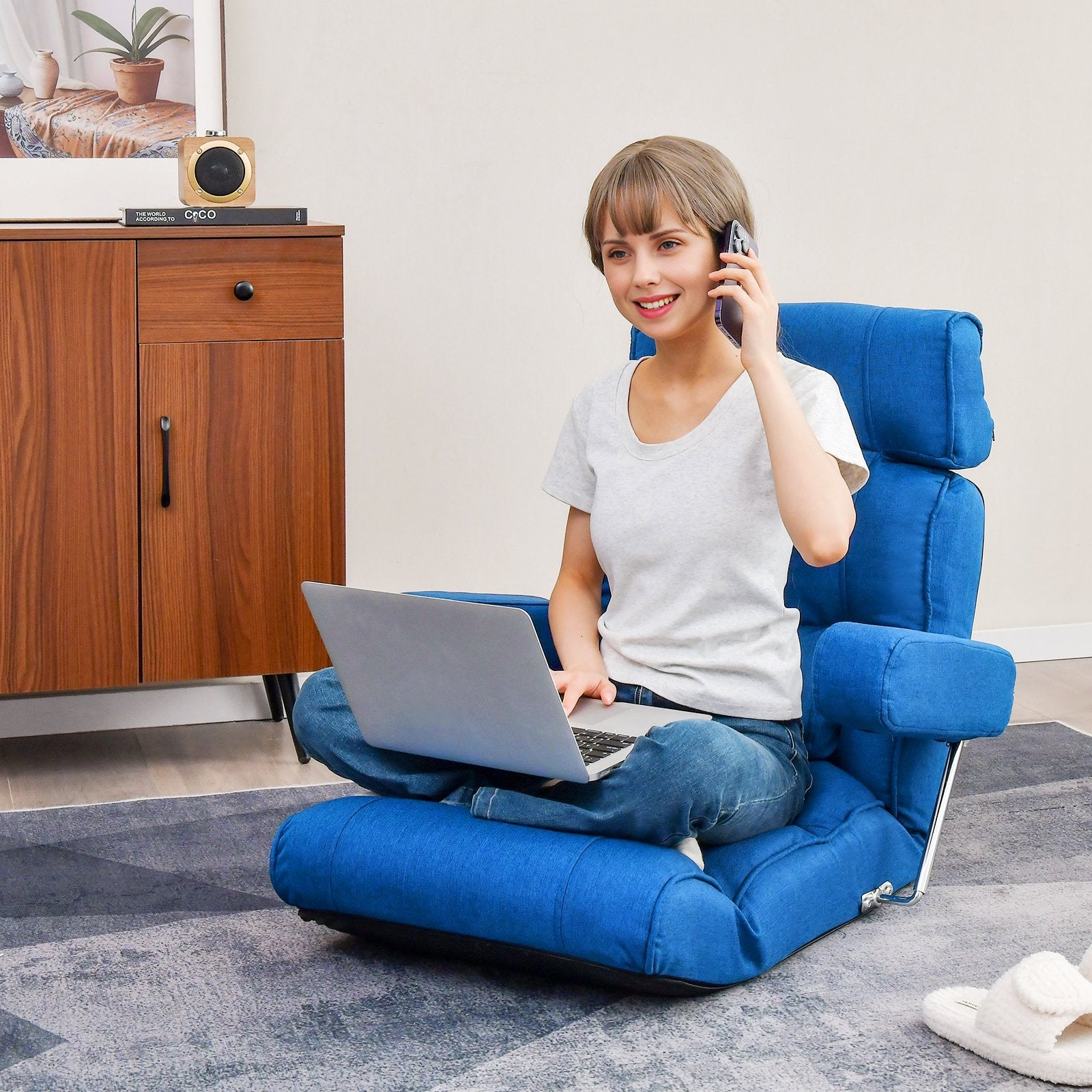 Adjustable Folding Sofa Chair with 6 Position Stepless Back, Blue Floor Chairs   at Gallery Canada