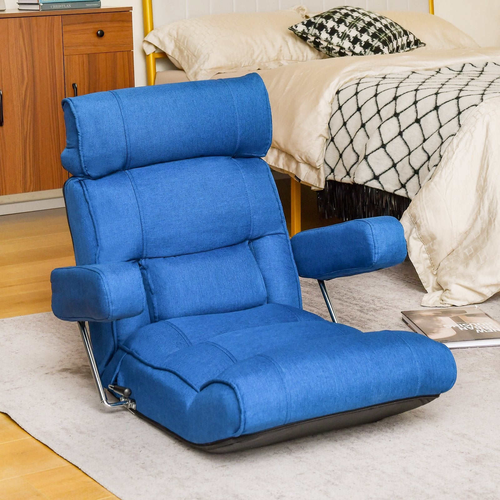 Adjustable Folding Sofa Chair with 6 Position Stepless Back, Blue Floor Chairs   at Gallery Canada