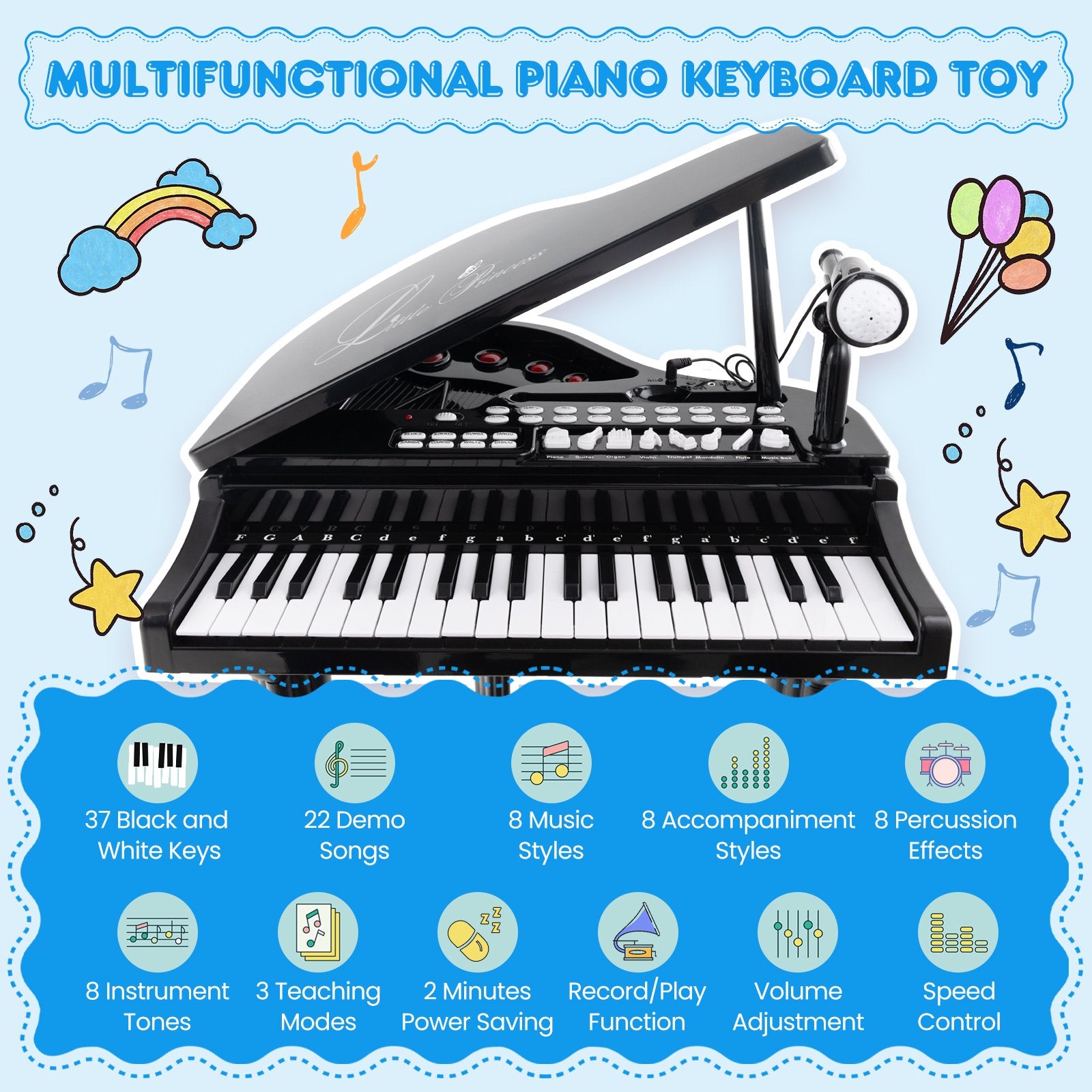 37 Keys Kids Piano Keyboard with Stool and Piano Lid, Black Pianos & Keyboards   at Gallery Canada