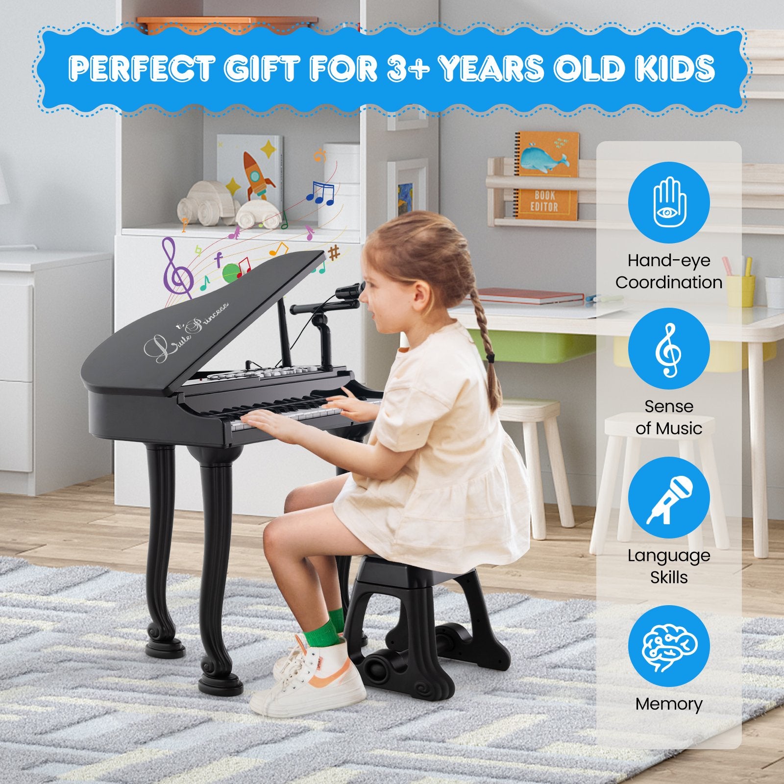 37 Keys Kids Piano Keyboard with Stool and Piano Lid, Black Pianos & Keyboards   at Gallery Canada