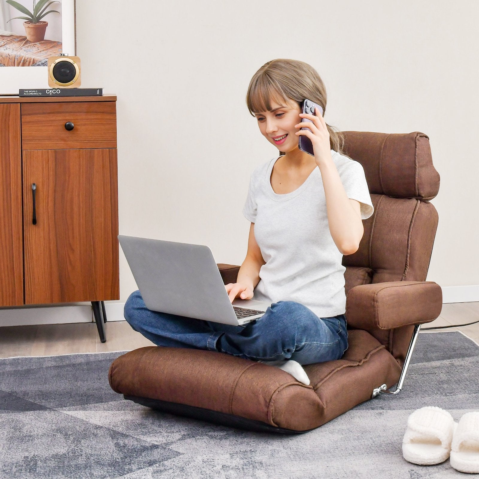 Adjustable Folding Sofa Chair with 6 Position Stepless Back, Brown Floor Chairs   at Gallery Canada