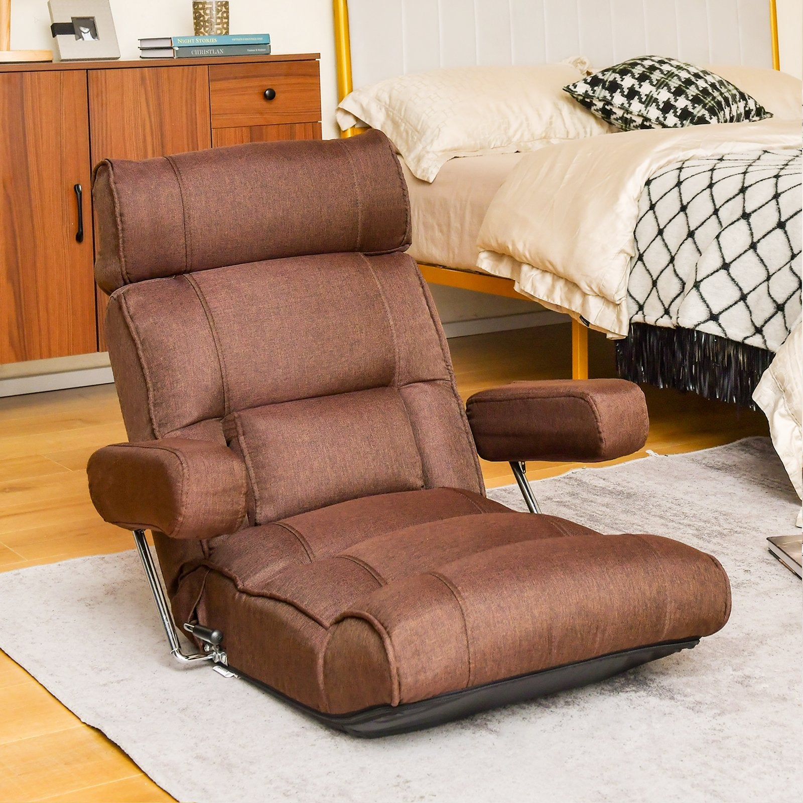 Adjustable Folding Sofa Chair with 6 Position Stepless Back, Brown Floor Chairs   at Gallery Canada