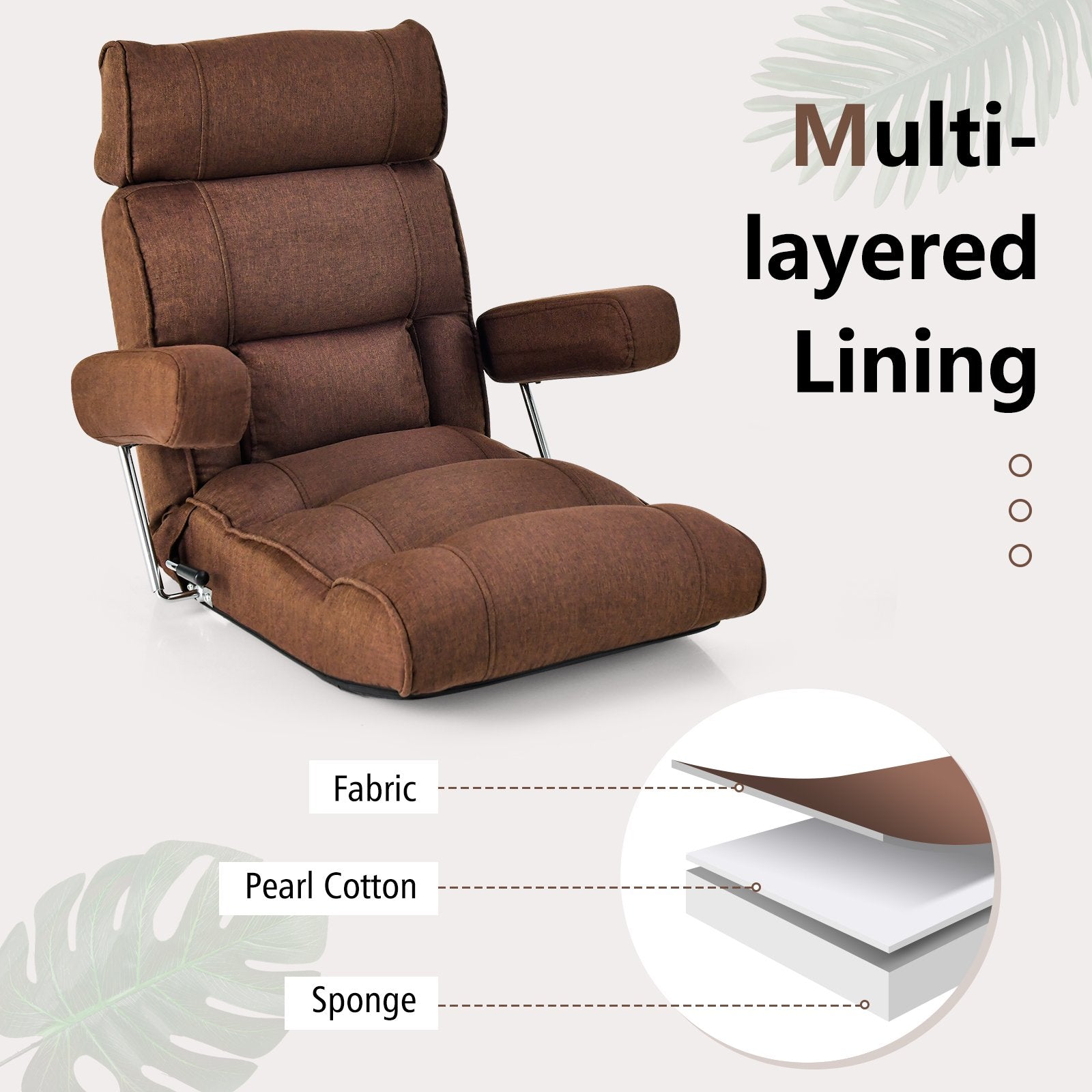 Adjustable Folding Sofa Chair with 6 Position Stepless Back, Brown Floor Chairs   at Gallery Canada