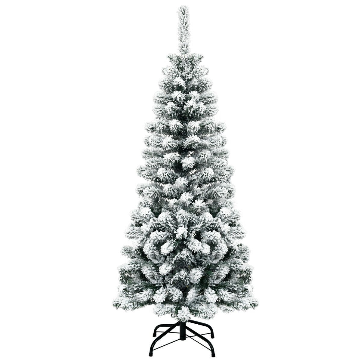 4.5 Feet Unlit Hinged Snow Flocked Artificial Pencil Christmas Tree with 242 Branch, Green Christmas Tree   at Gallery Canada