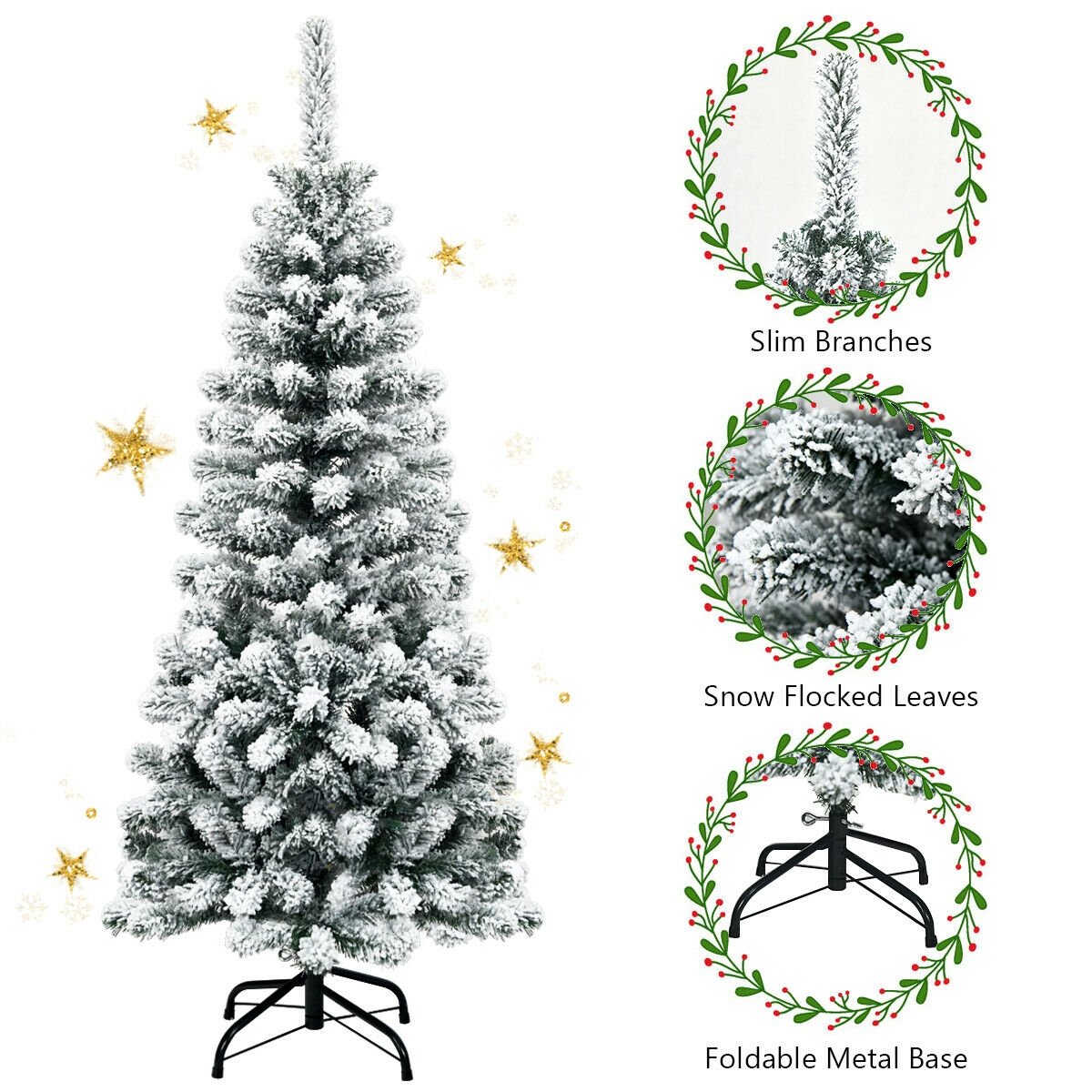 4.5 Feet Unlit Hinged Snow Flocked Artificial Pencil Christmas Tree with 242 Branch, Green Christmas Tree   at Gallery Canada