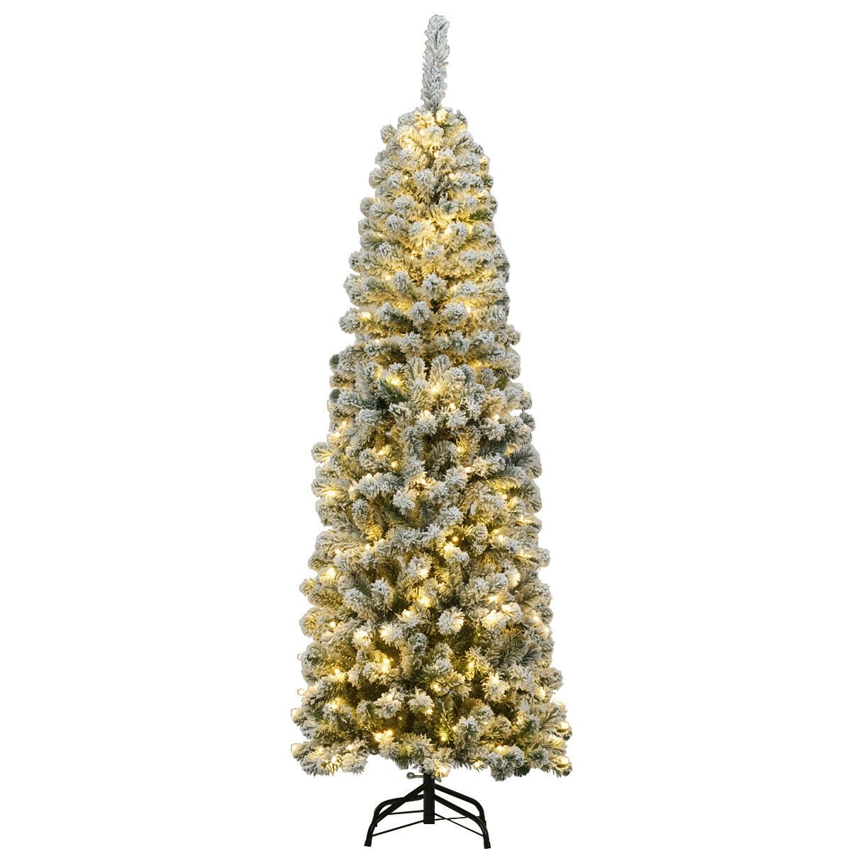 6 Feet Pre-lit Snow Flocked Artificial Pencil Christmas Tree with 250 LED Lights, Green Christmas Tree   at Gallery Canada