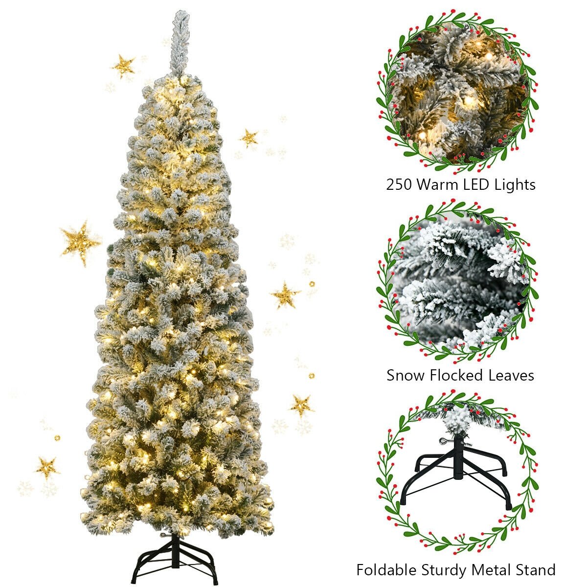 6 Feet Pre-lit Snow Flocked Artificial Pencil Christmas Tree with 250 LED Lights, Green Christmas Tree   at Gallery Canada