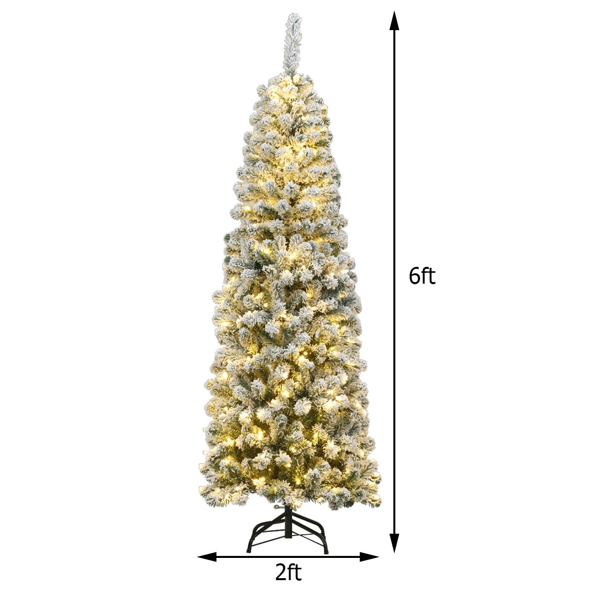 6 Feet Pre-lit Snow Flocked Artificial Pencil Christmas Tree with 250 LED Lights, Green Christmas Tree   at Gallery Canada