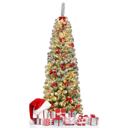 6 Feet Pre-lit Snow Flocked Artificial Pencil Christmas Tree with 250 LED Lights, Green Christmas Tree   at Gallery Canada