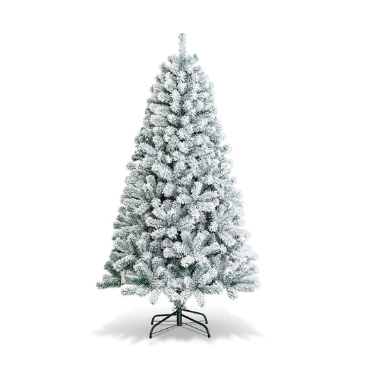 6 Feet Artificial Snow Decorated Flocked Hinged Christmas Tree with Metal Stand, White Christmas Tree   at Gallery Canada