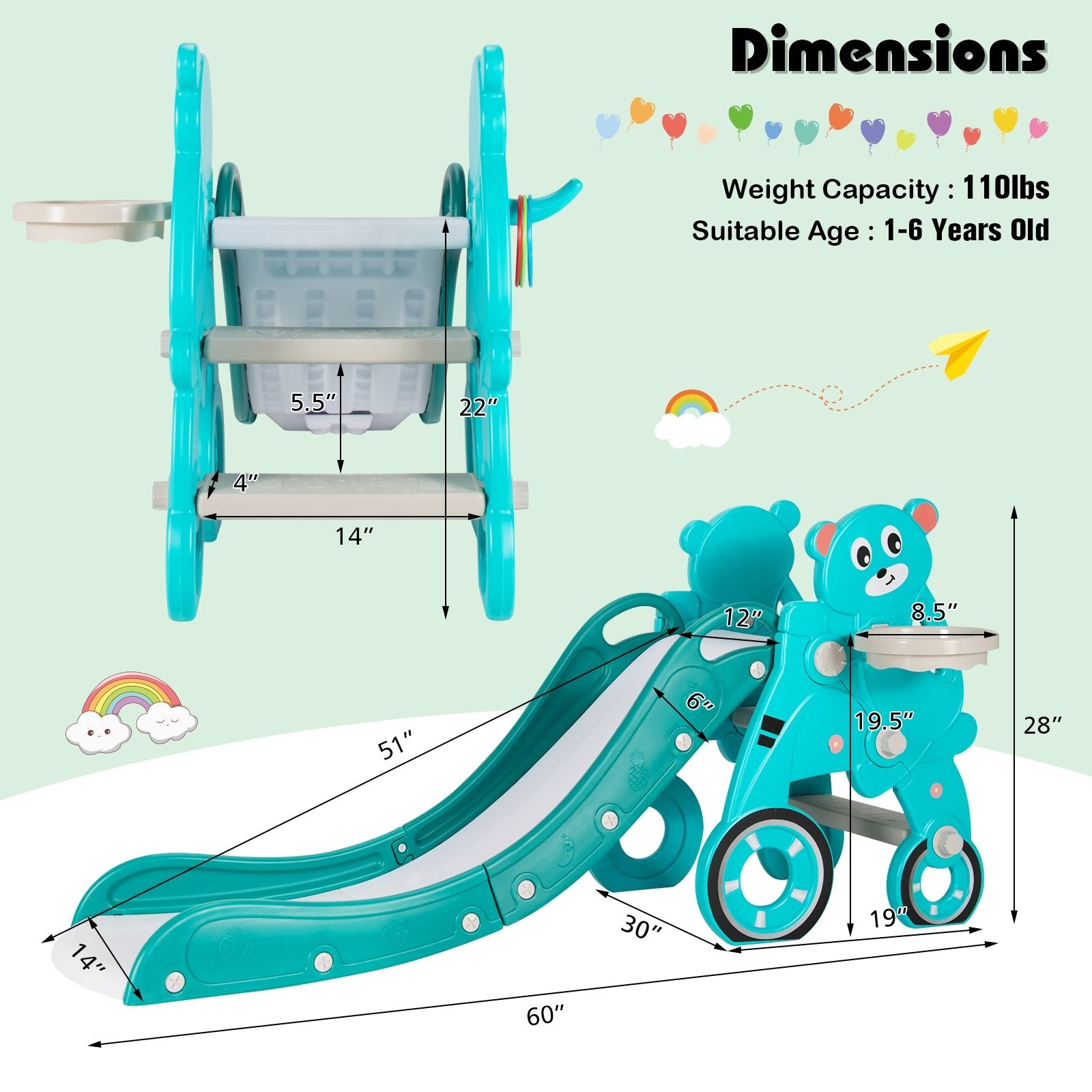 4-in-1 Kids Plastic Folding Slide PlaySet with Ring Toss and Ball, Green Climbers & Slides   at Gallery Canada