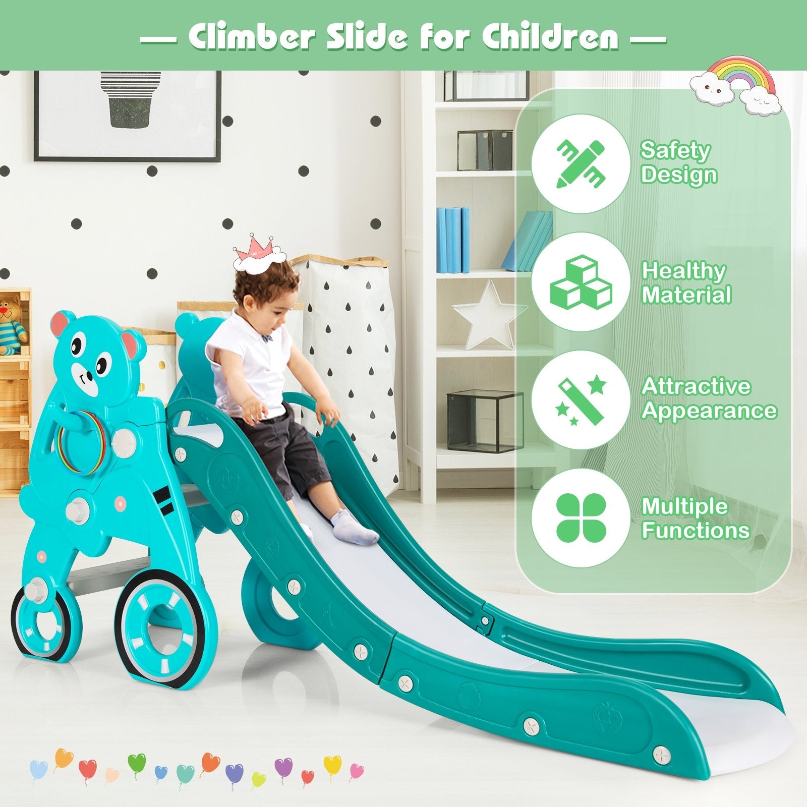 4-in-1 Kids Plastic Folding Slide PlaySet with Ring Toss and Ball, Green Climbers & Slides   at Gallery Canada