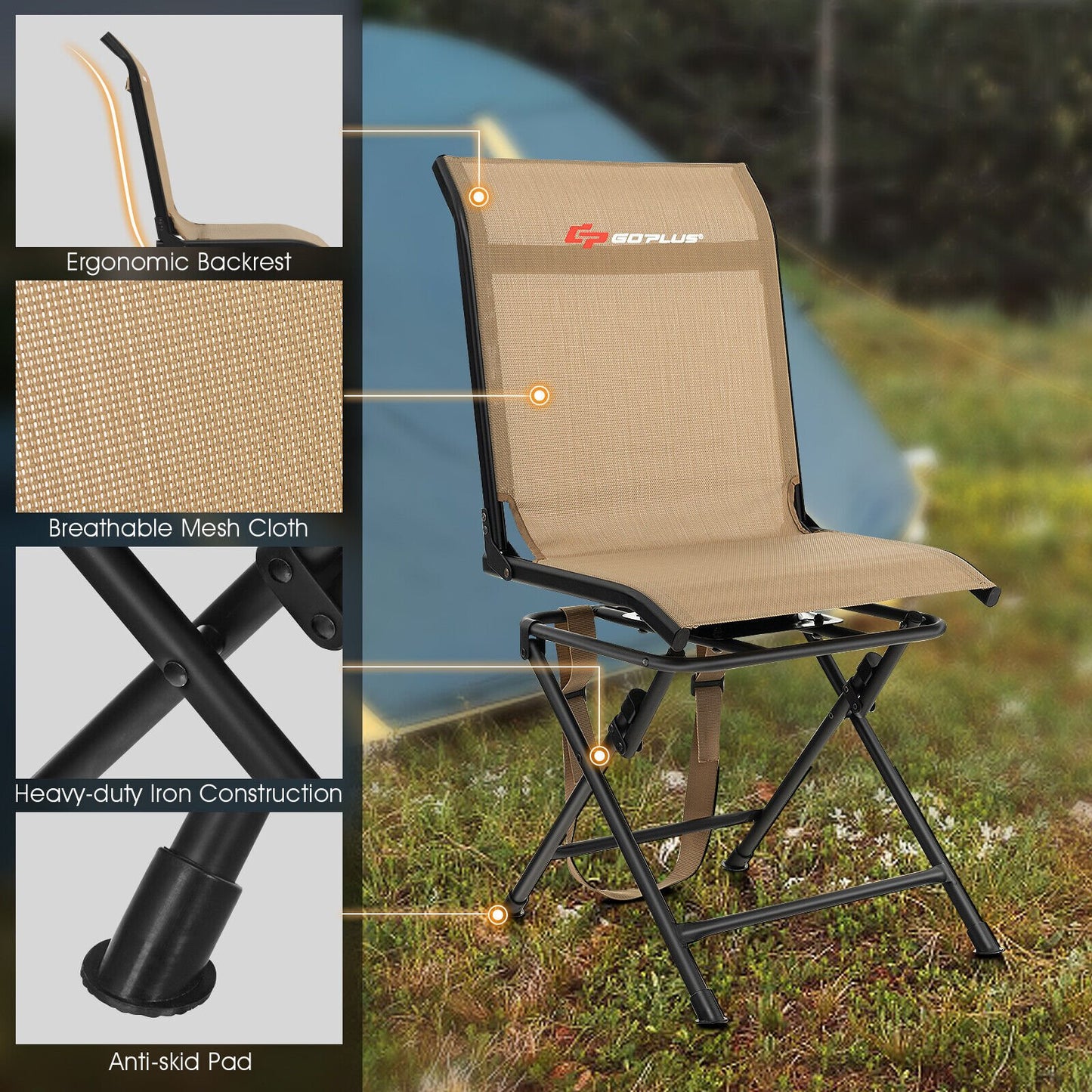 All-weather Outdoor Foldable 360-Degree Swivel Chair with Iron Frame, Brown Camping Furniture   at Gallery Canada