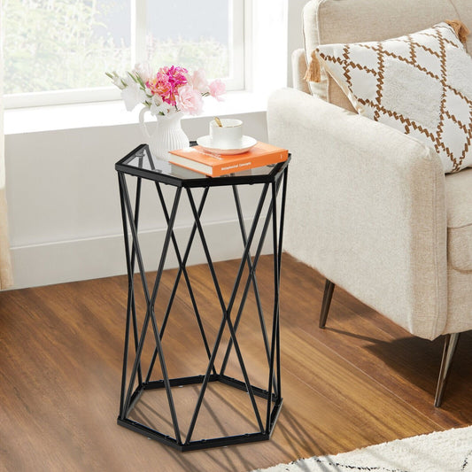 Hexagonal Accent End Table with Tempered Glass Top and Metal Frame, Black - Gallery Canada
