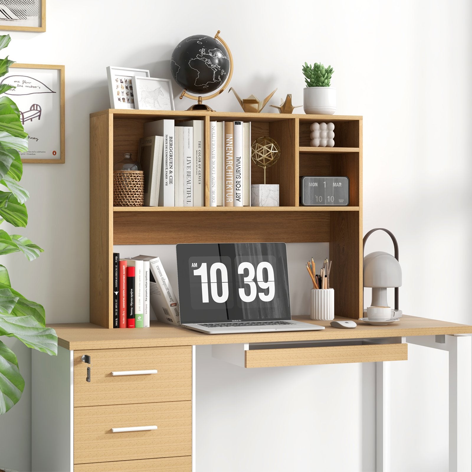 Computer Desktop Bookcase with 4 Cubbies and Open Back Compartment, Natural Bookcases   at Gallery Canada