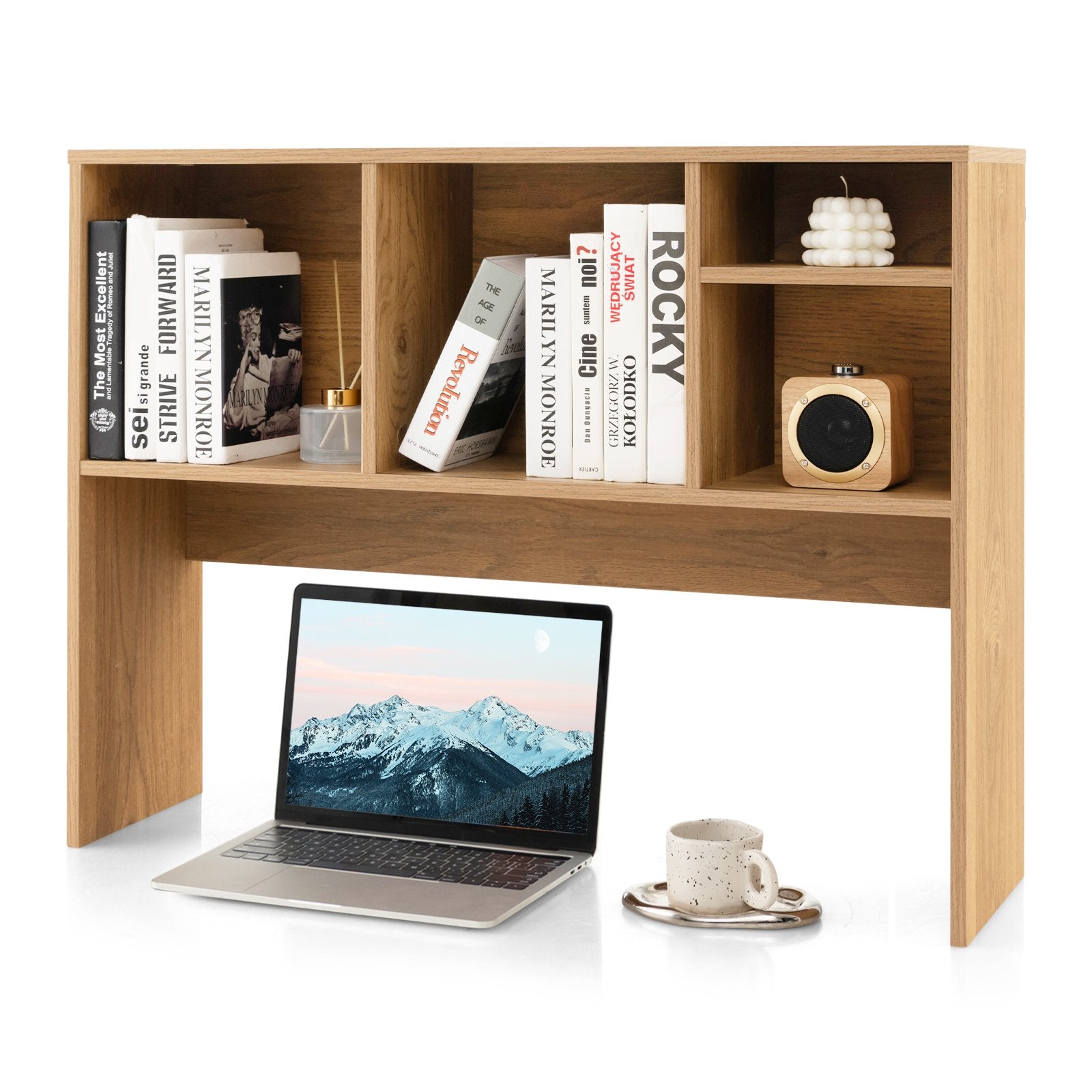 Computer Desktop Bookcase with 4 Cubbies and Open Back Compartment, Natural Bookcases   at Gallery Canada