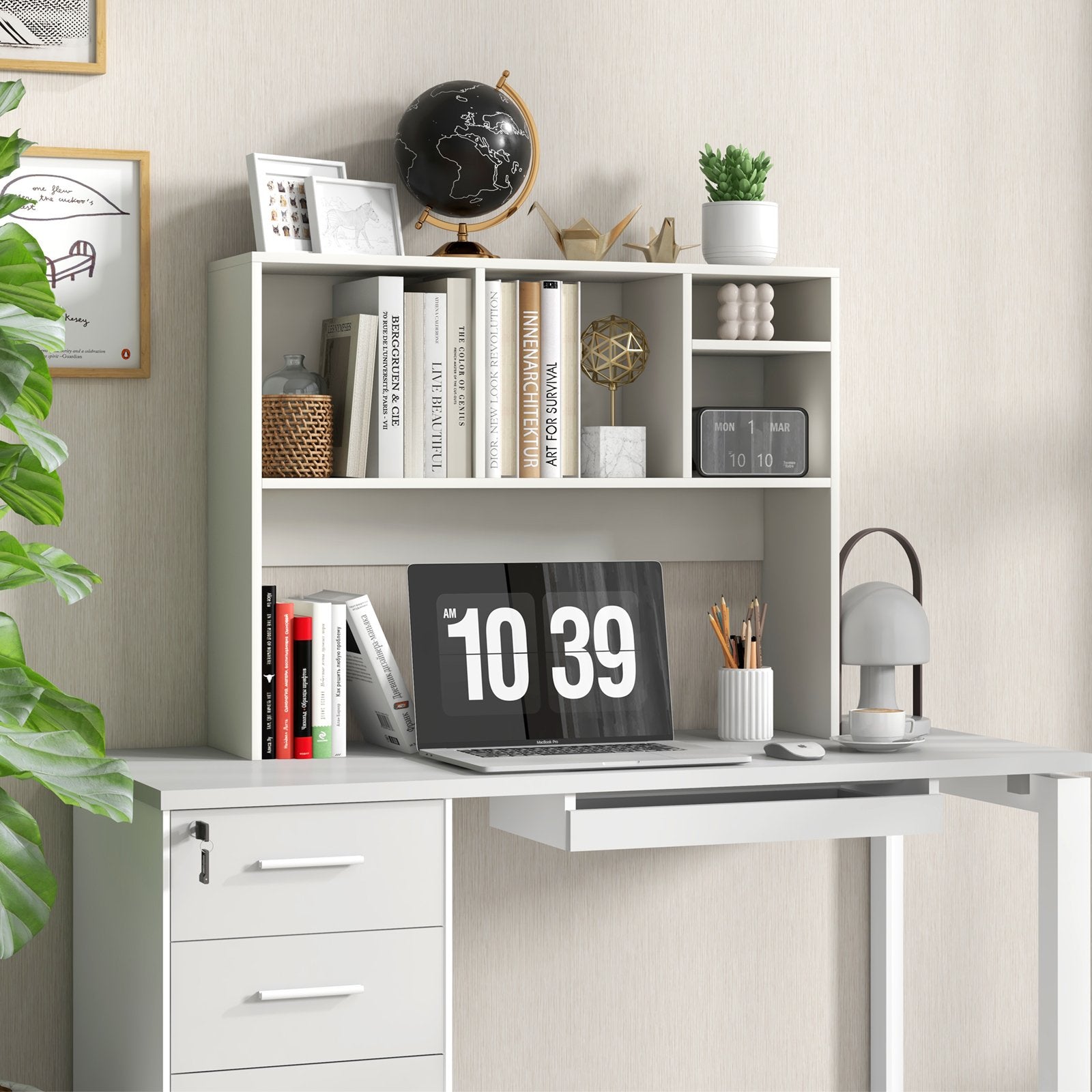 Computer Desktop Bookcase with 4 Cubbies and Open Back Compartment, White Bookcases   at Gallery Canada