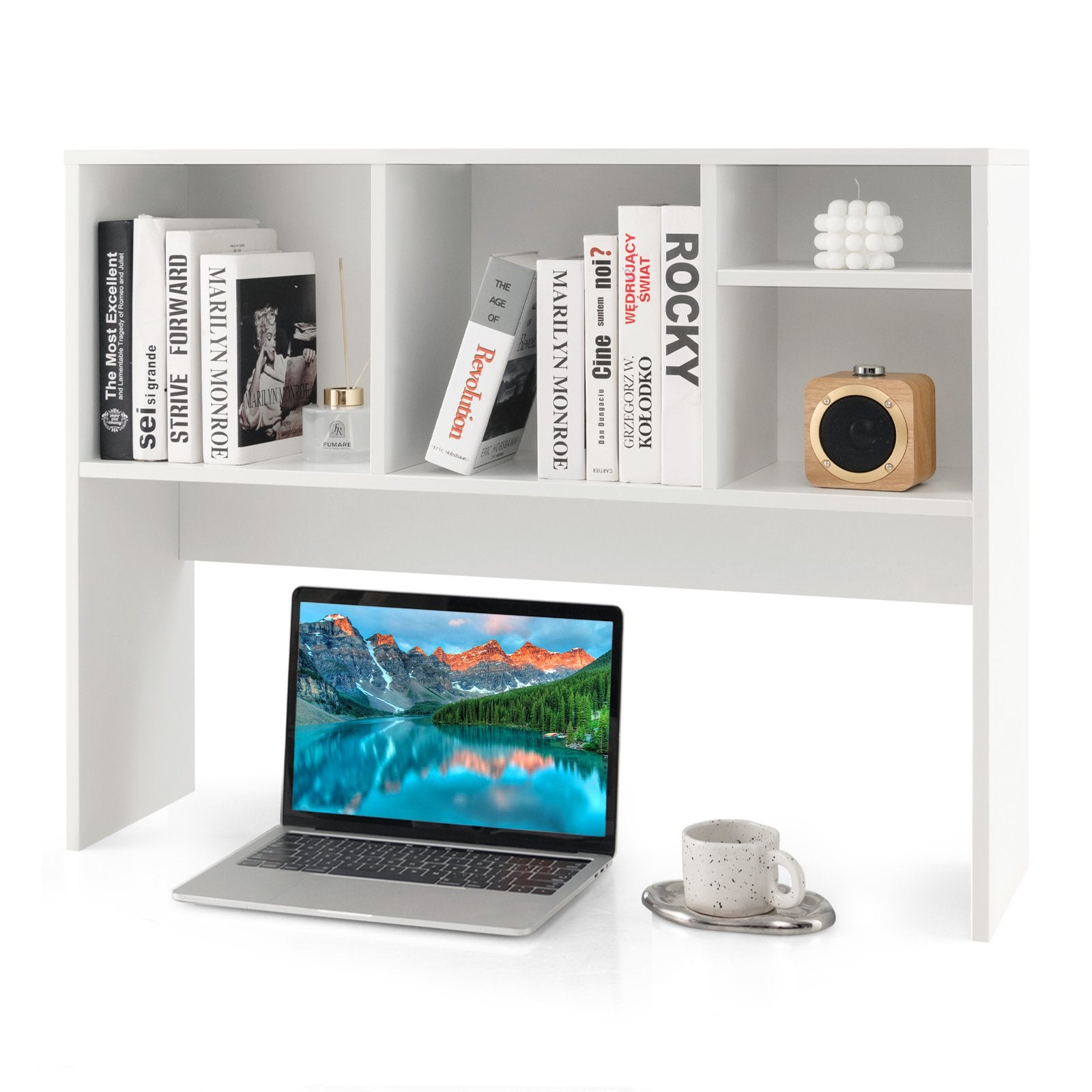 Computer Desktop Bookcase with 4 Cubbies and Open Back Compartment, White Bookcases   at Gallery Canada