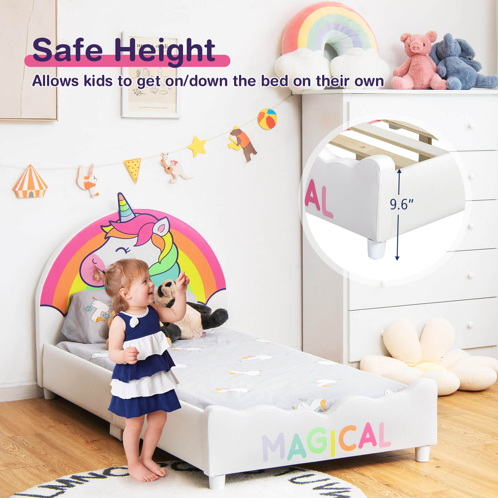 Children Twin Size Upholstered  Platform Single Bed, White Toddler Beds   at Gallery Canada