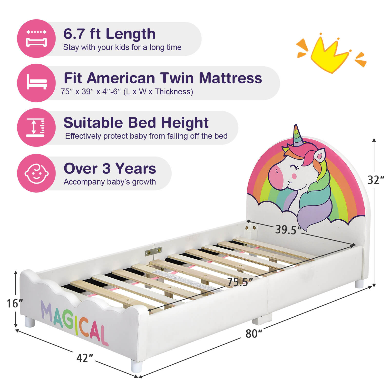 Children Twin Size Upholstered  Platform Single Bed, White Toddler Beds   at Gallery Canada