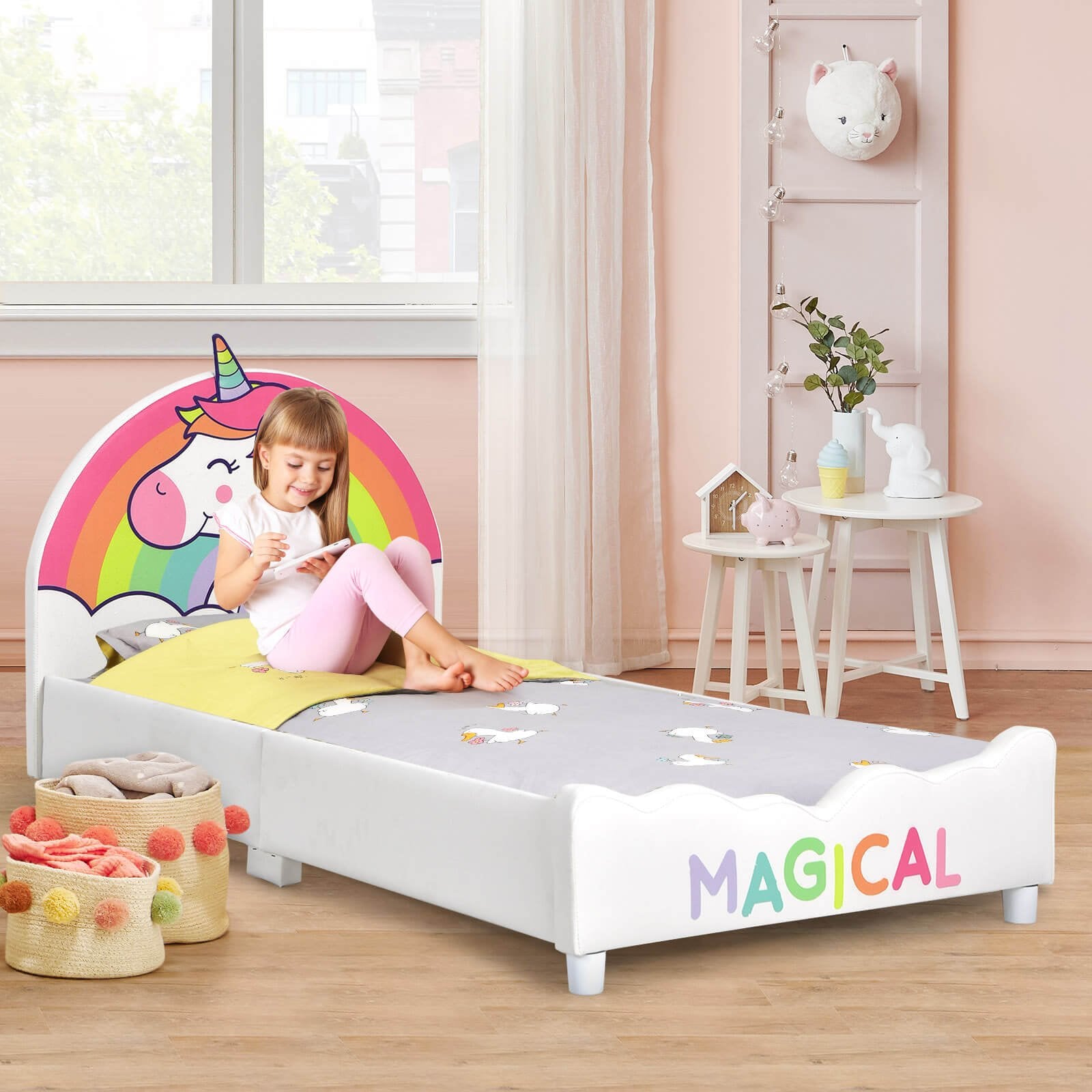 Children Twin Size Upholstered  Platform Single Bed, White Toddler Beds   at Gallery Canada