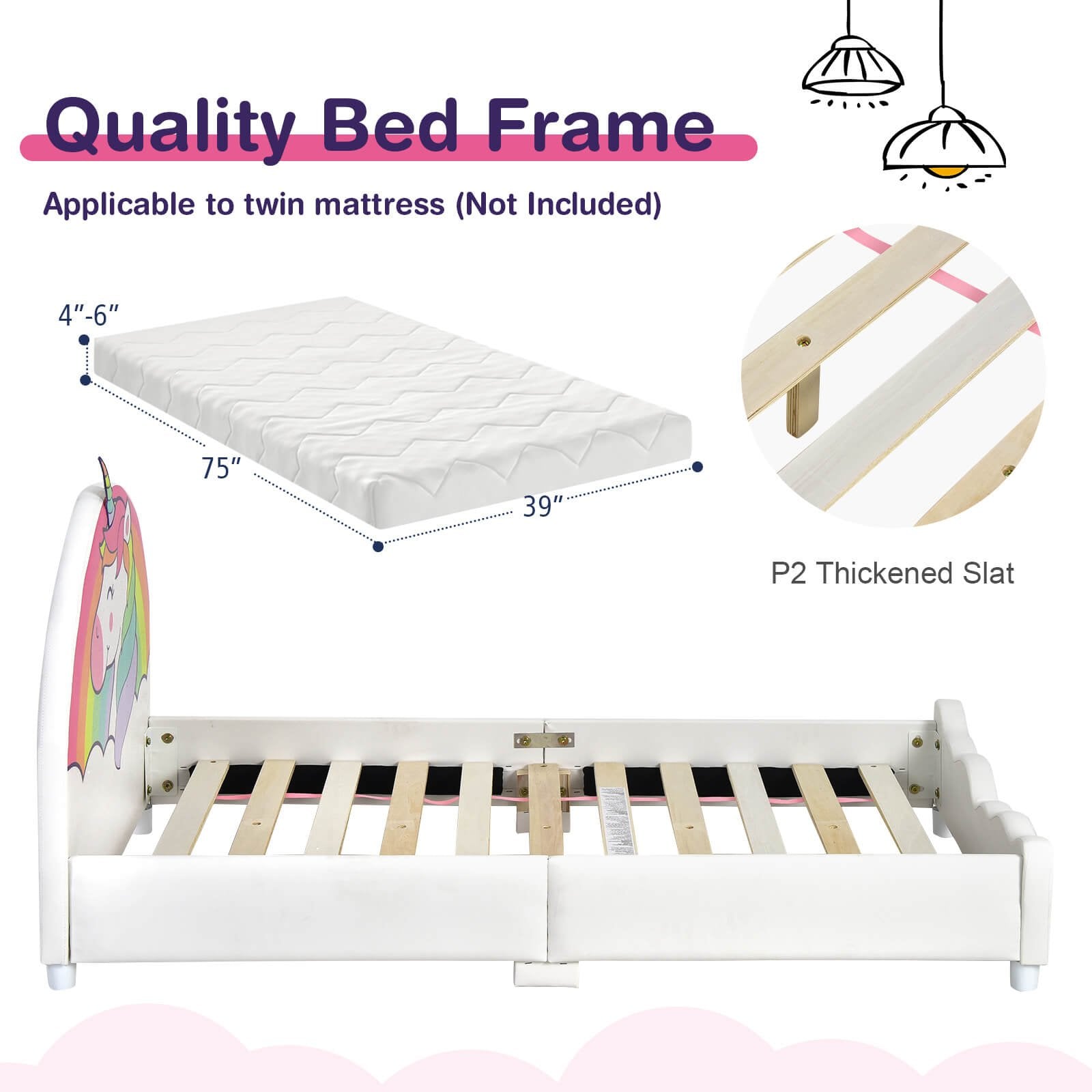 Children Twin Size Upholstered  Platform Single Bed, White Toddler Beds   at Gallery Canada