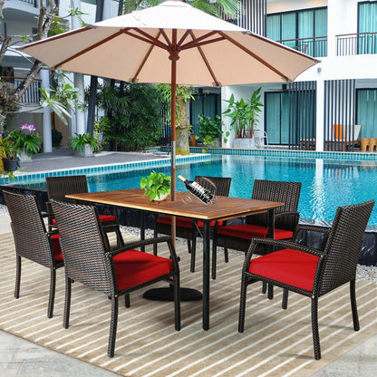 7Pcs Patio Rattan Cushioned Dining Set with Umbrella Hole, Red Patio Dining Sets   at Gallery Canada