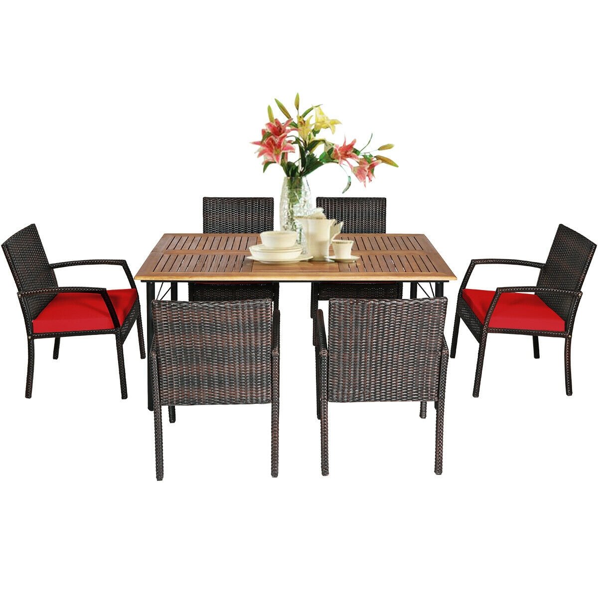 7Pcs Patio Rattan Cushioned Dining Set with Umbrella Hole, Red Patio Dining Sets   at Gallery Canada